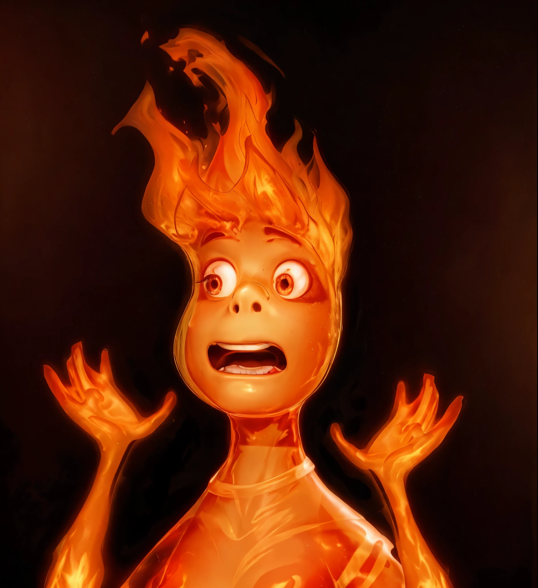 cartoon creature with hair made of flames, he is shocked, (lumen face), his skin is orange translucent, his skin is glossy, he is made of jelly, shiny glossy flames, he shines from outside, shining, glowing, his body is made of flames, like ember elemental, his hair is on fire, flaming hair, portrait shot, under the spotlight, fire hair, hair like fire, orange glowing creature, spotlight, rim light, detailed fabric textures,, best quality, 4k, masterpiece:1.2, ultra-detailed, realistic, vivid colors, dark and moody lighting, The image of the highest quality, ensuring every detail showcased perfectly. It in 4k resolution, allowing viewers to immerse themselves in the richness of the colors and intricate details. The realistic rendering. under the spotlight, reflecting, high-resolution image, realistic rendering, dark background, and rim light