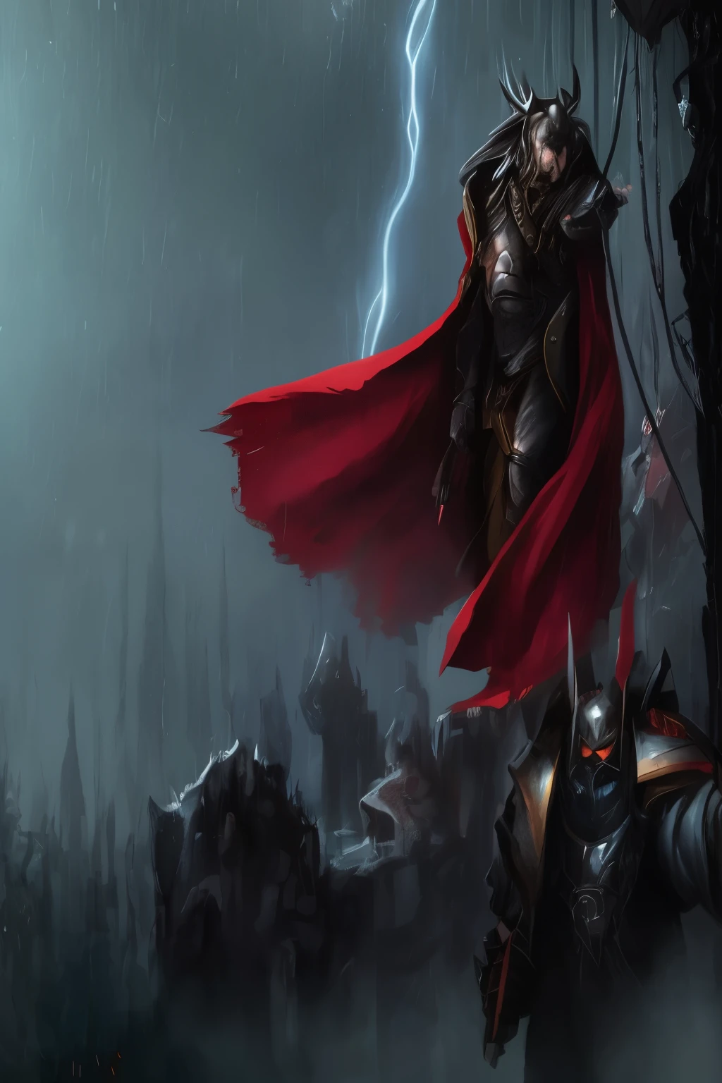 In this photo, shot on a 35mm camera, Primarch Konrad Curze is depicted, great warrior and leader from the Warhammer 40 universe,000. He stands on the streets of his home planet Nastramo, surrounded by dark and gloomy buildings, which reflect the heavy spirit of this world. Shadows and figures flicker in the background, unclear, who or what they represent.

Curze stands in the shadows, his face is completely visible, and a look filled with mystery, looking forward somewhere, like he&#39;s watching something in the distance. His figure inspires power and authority, but at the same time immersed in the gloomy atmosphere of the surrounding world. The primarch&#39;s torso is completely naked, which emphasizes his physical strength and military readiness, while his hands are hidden in the shadows, adding mystery and mystery to his image.