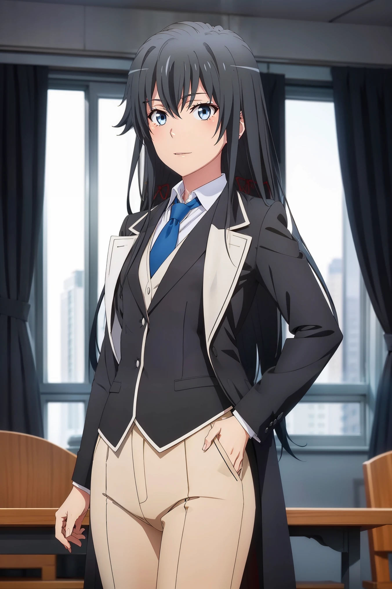 Yukinoshita Yukino ,Woman wearing formal clothes, An attractive coat stands in a large gap in the room , 1girl, bachelor, blue necktie, Black hair, Blue eyes, long hair, He smiles , Collared shirt, White pants, White shirt , Elegantly designed coat , Stand in front of a window ,Perfectly tailored tailcoat. It has a stunning Victorian design and is made of lustrous fabric