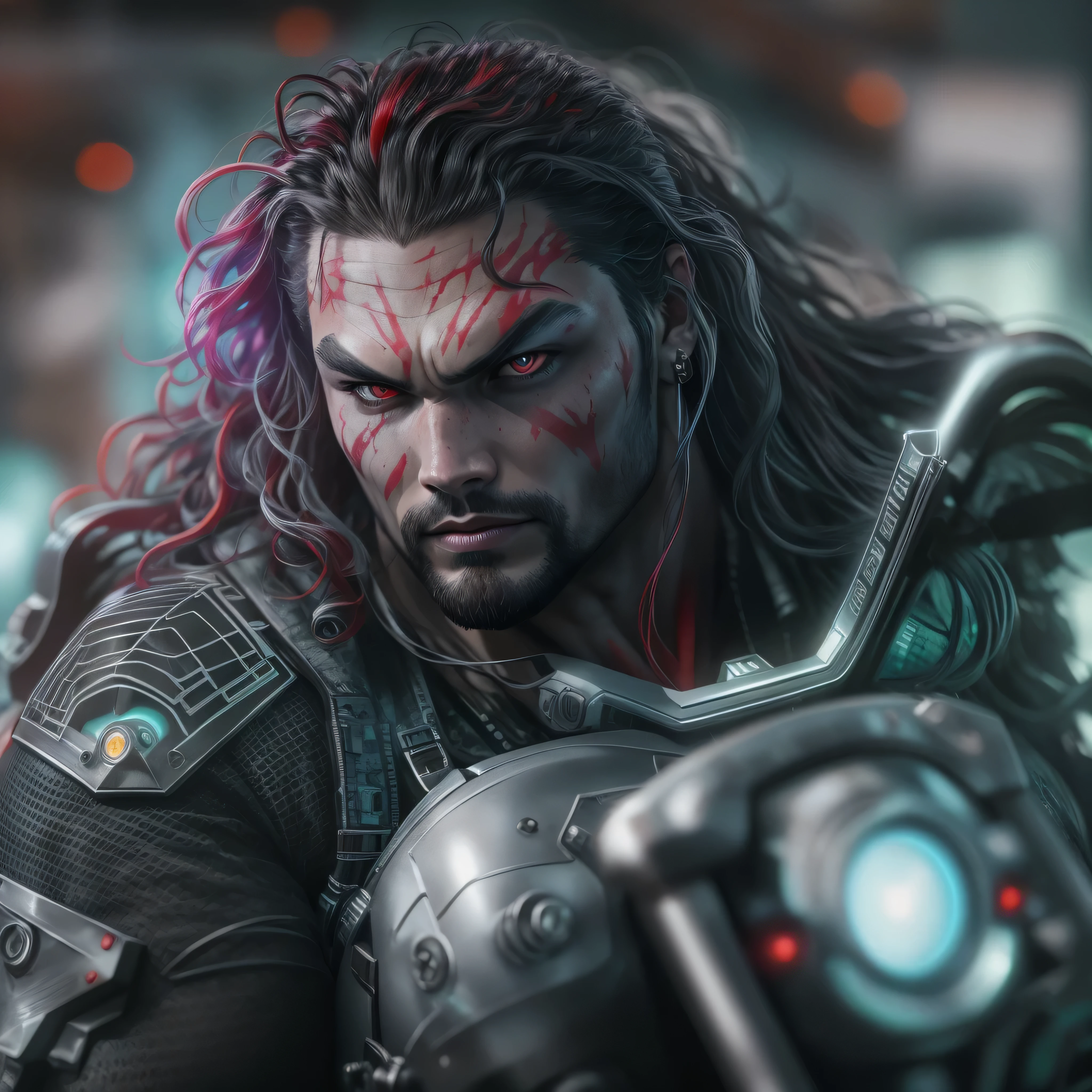 half body image, a photo of Jason Momoa as Lobo from DC comics, (((ghostly pale skin))), (((red eyes))), on space sci-fi cyberpunk motorcycle, Intricate, High Detail, Sharp focus, dramatic, photorealistic digital art, photo-realistic, octane render, unreal engine, ultra-realistic
