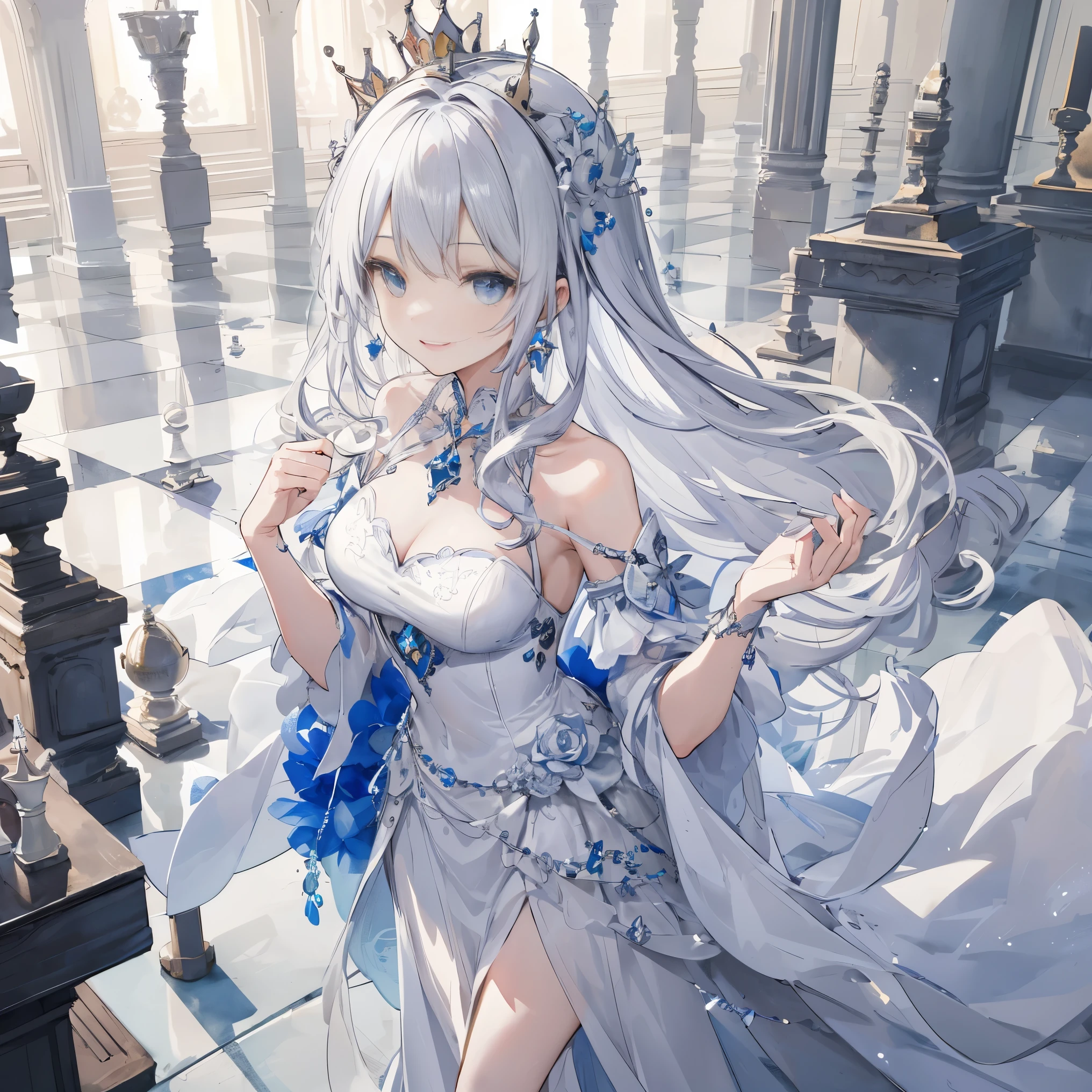 transparent watercolor、girl、Jewel Eyes,Beautiful arrangements and motifs、white chess pieces、chess queen image、queen costume、queen dress、queen's crown、pure white、white chess motif、girl、white image、The world of chess、lots of chess pieces、The floor is a chess board、Standing picture、Beautiful Queen、Sparkling、best smile、dress with detailed decoration、wavy hair、Vtuber costume