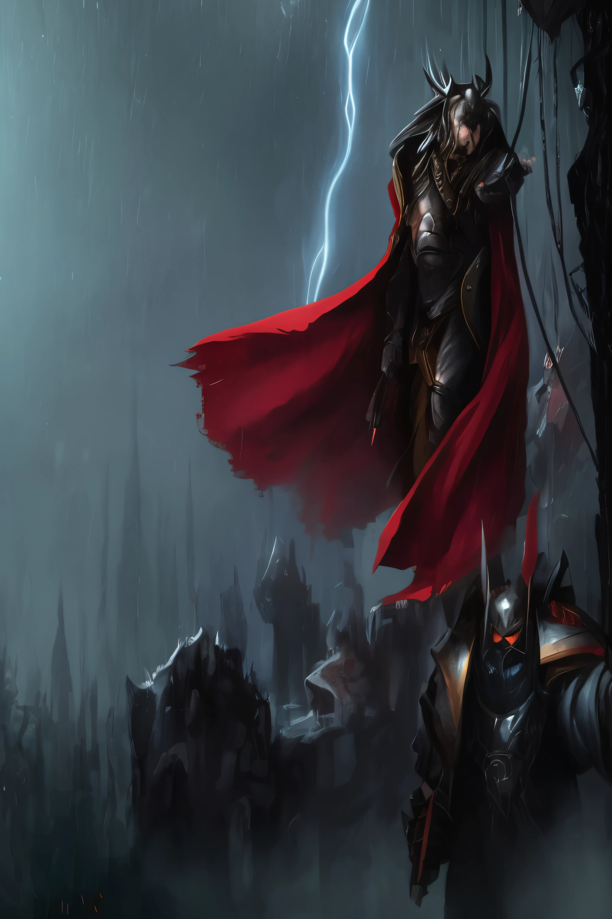 In this photo, filmed on a 35mm camera, Primarch Konrad Curze depicted., great warrior and leader from the Warhammer 40 universe,000. He stands on the streets of his home planet Nastramo., surrounded by dark and gloomy buildings, which reflect the heavy spirit of this world. Shadows and figures flicker in the background, I don't get it, who or what they represent.

Curze stands in the shadows, his face is completely visible, and look, filled with mystery, I&#39;m looking forward to going somewhere, How is he&#39;watching something in the distance. His figure inspires strength and authority., but at the same time immersed in the gloomy atmosphere of the surrounding world. Primarch&#39;his torso is completely naked, which emphasizes his physical strength and military readiness, while his hands are hidden in the shadows, adding mystery and mystery to your image.