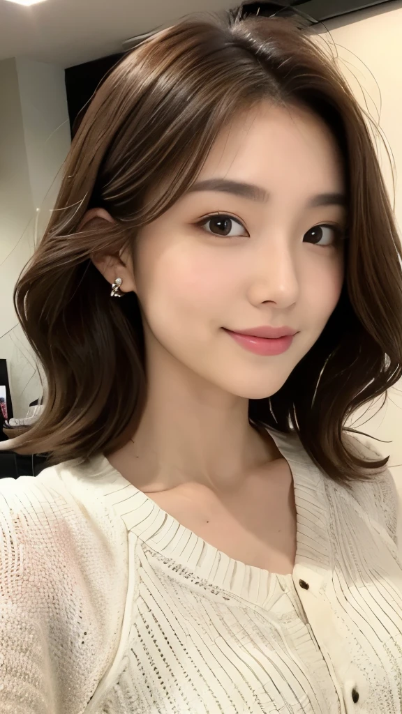 27 years old, Japanese woman, upper body composition, well-lit focus on the face, Hairstyle: Shoulder-length, wavy, Chestnut brown hair, Face: Heart-shaped with soft features, Eyebrows: Natural and gently arched, Eyes: Big, round, dark brown color, Nose:  and straight, Mouth: Plump lips with a natural smile, Outfit: Casual chic attire with a stylish blouse or sweater, Light accessories, Skin: Clear complexion with a radiant glow
