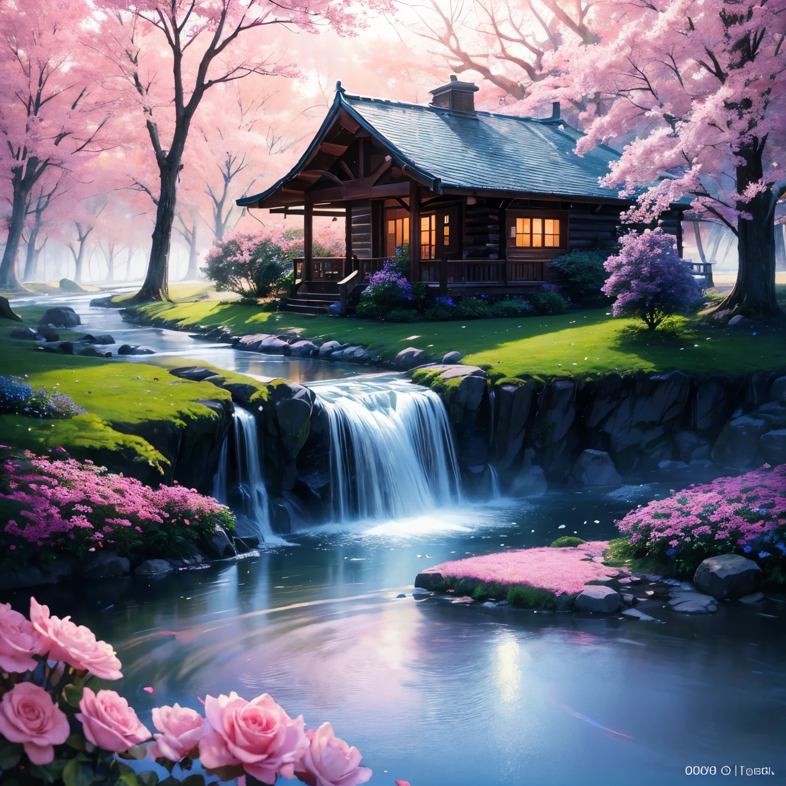 Peach Rose Garden，Rainbow in the Sky，(depth of field)，Lots of light.，fog，log cabin, cherry tree，Reallightandshadow，Like a painting.,Ethereal atmosphere, bright colors , cinematic composition，Magic dream，Huang Lap，particle effect，Diffuse reflection，(mont)，waterfall，butterfly dance,Dreamy and eccentric,Quiet and charming,Surrealism style,Like a painting.,Very detailed drawings,Lively with color,lively painting,sharp contrast,HDR,Hyper HD,Totally mesmerizing and mesmerizing.,Very amazing，Physical rendering,Very detailed explanation,professional, There are butterflies.