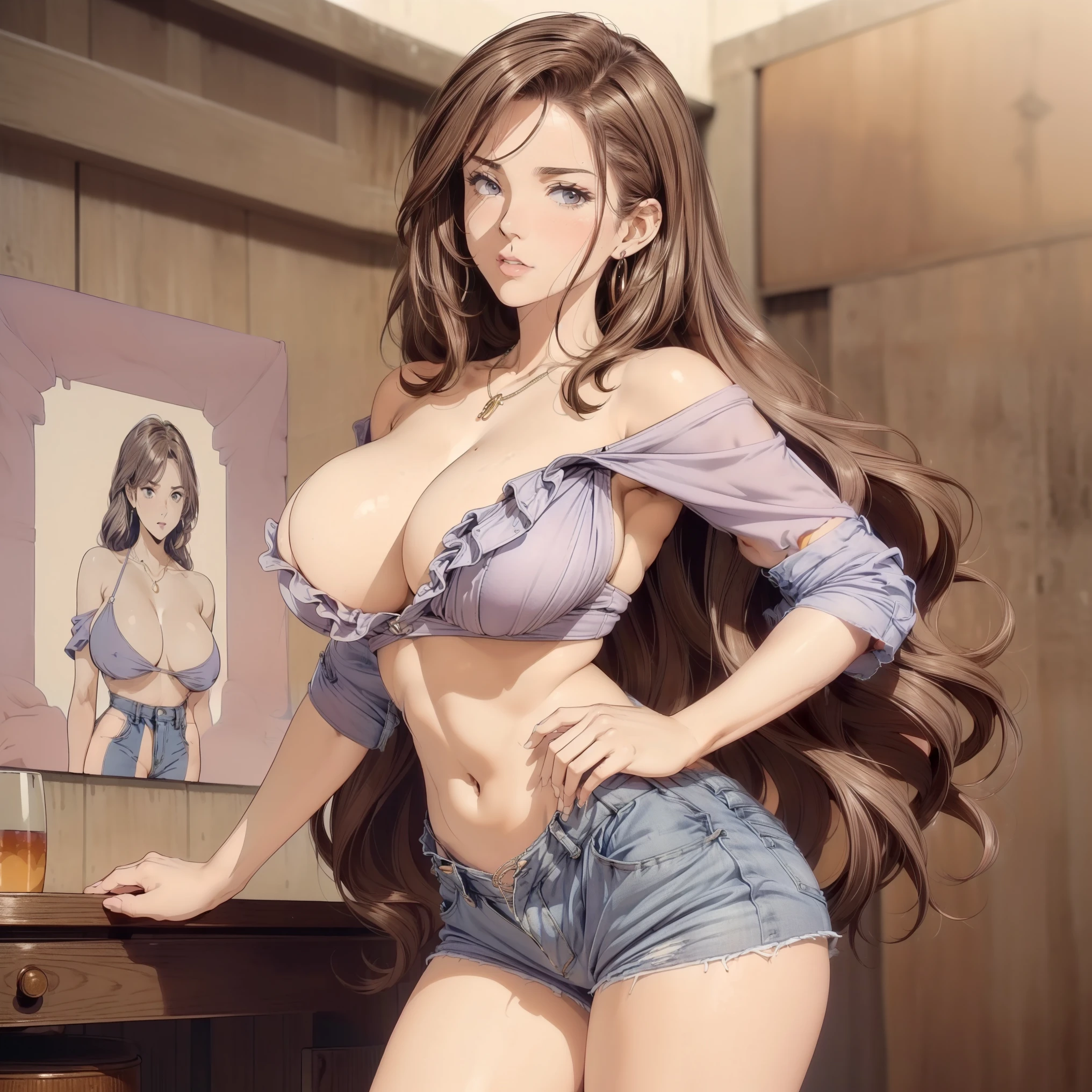 ((masterpiece, best quality, cinematic, photorealistic, ultra-detailed)), ((wide shot, full body visibility)), ((alluring girl)), mini bikini , thong, detailed nipples, triple D cup breasts, exposing her breasts to her boyfriend, big ass, (((big round buttocks))), naked, nude, ((voluptuous body, perfect anatomy, sexy body)), ((glossy red skin, feeling hot)), ((loose beachy waves hairstyle, subtle caramel highlights hair color)), (perfect hands, perfect eyes), (large cleavage, long round legs), ((wearing an off-the-shoulder crop top in a soft lavender color:1.2)), ((wearing high-waisted denim shorts in a light wash:1.3)), ((delicate silver necklace)), ((navel)), ((dynamic background)), ((sensual pose, ))