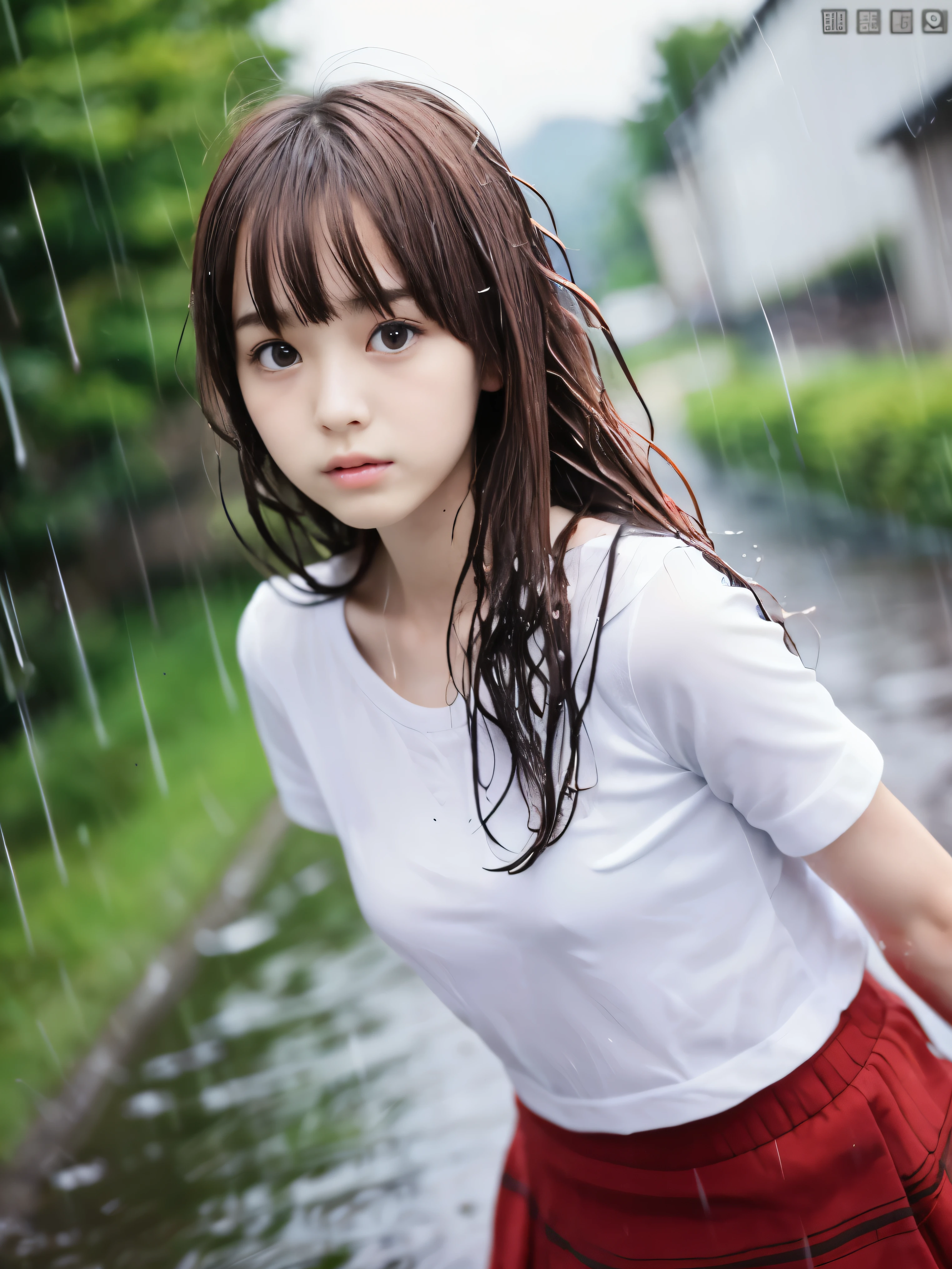 (Close-up portrait of slender small-breasted red-brown long wavy hair with blunt bangs dressed in shirt and skirt :1.5)、(A girl whose hair and face are drenched in the rain on a Japanese country road:1.5)、(Heavy rainy days:1.5)、(blurred background:1.5)、(perfect anatomy:1.5)、photorealistic stick、Raw photo、table top、highest quality、High resolution、delicate and beautiful、perfect face、delicate and beautiful目元の空気肌、real human skin、((thin legs))