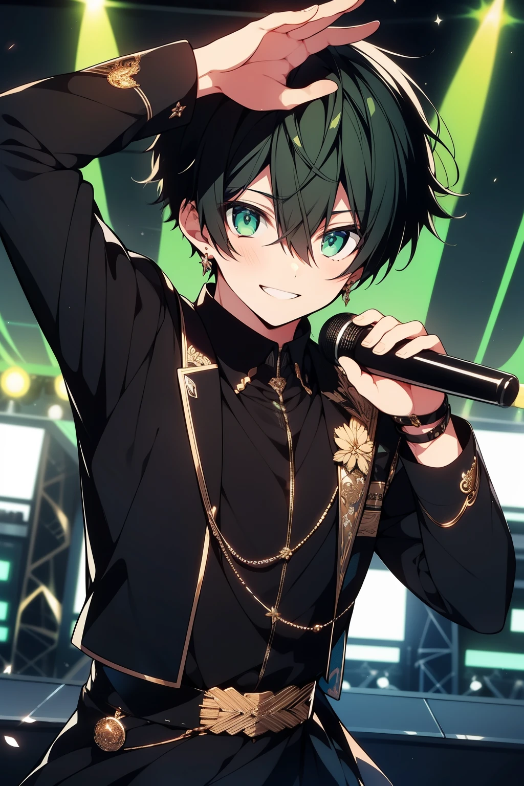 (high-quality, breathtaking),(expressive eyes, perfect face), 1boy, male, solo, short, young boy, short black hair, green eyes, smile, idol outfit, on stage