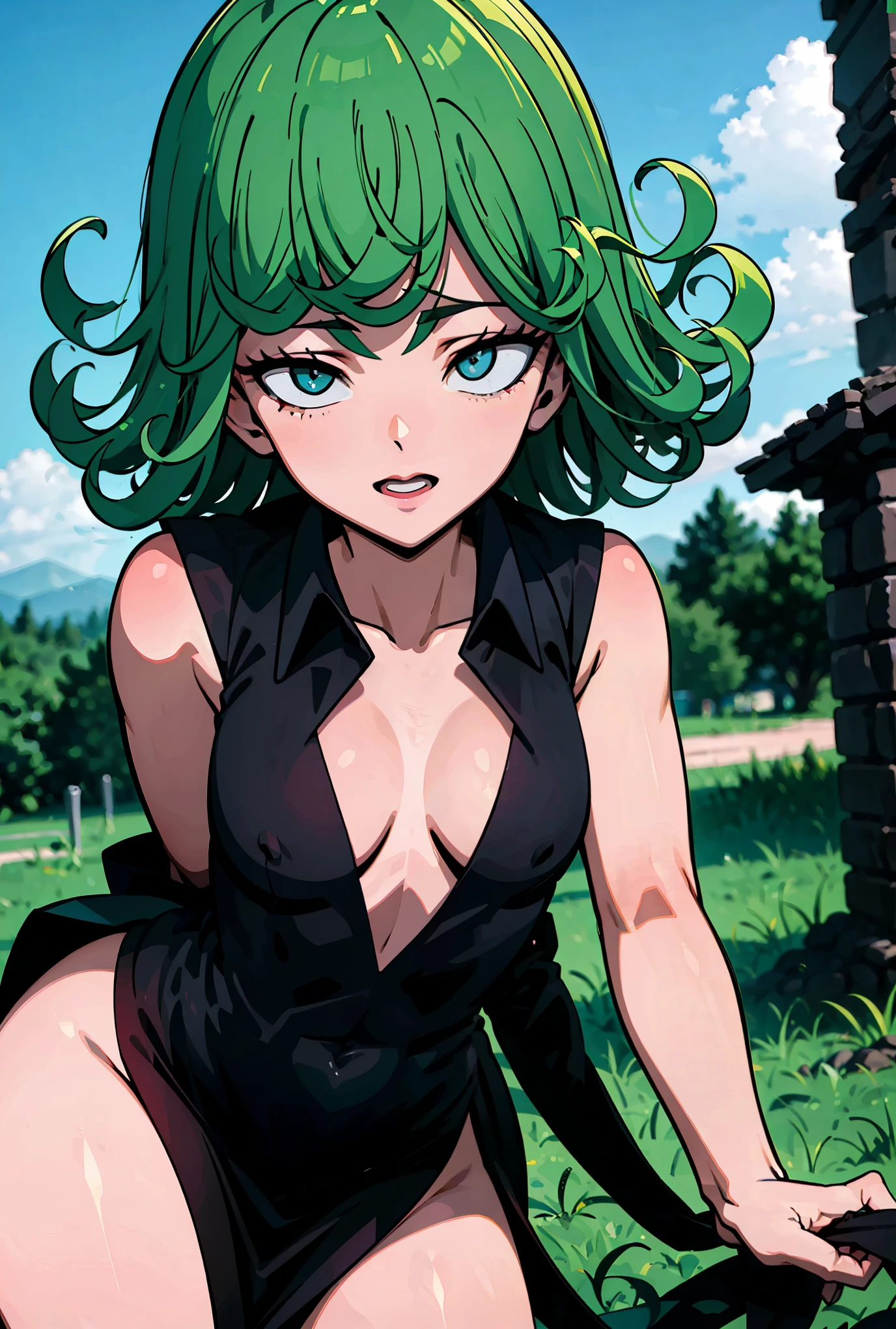 (beste-Qualit, 8K, 12), 1 girl, tatsumaki, Short Hair Hair, green hair, little chest, , the perfect body, ultra detail face, detailed lips, Slender Eyes, gown, stands, enticing, Excited, convex areolas, steam, From Bottom,