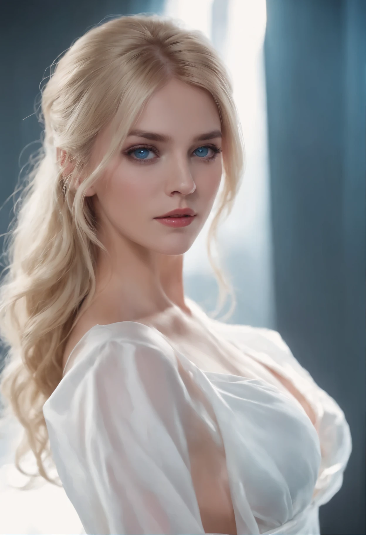 woman, Realistic character,coiffed blonde hair, White silk slip dress,Blue eyes, anime extremely big breast, Alone, modern, Cyberpunk, long wavy hair, very young