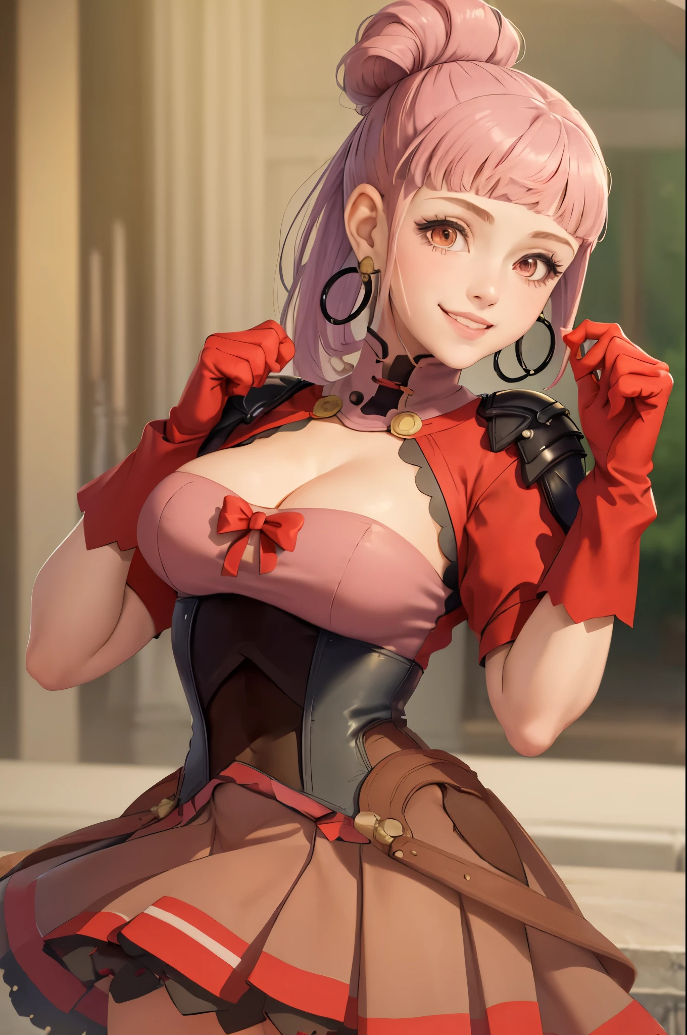 (masterpiece, best quality:1.2), solo, 1girl, hildahopes, smile, looking at viewer, hair bun, ponytail, dress, red gloves, hoop earrings, cleavage, (cowboy shot), (upper body)