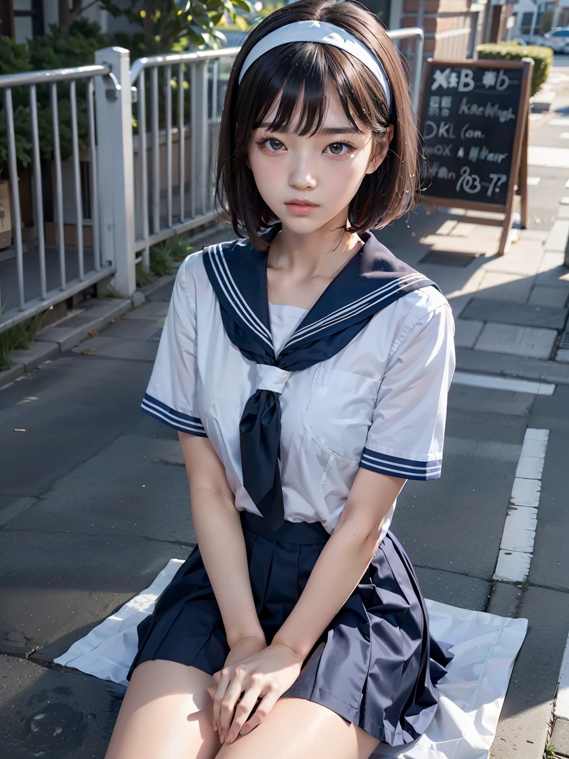 sailor suit, 8K, highest quality, masterpiece, Super detailed, ultra high resolution, realistic, RAW photo, absolute resolution, face is small compared to body, very small face, black hair,  navy blue sailor uniform, Dark blue skirt, 3D rendering, realistic若い女子高生, ((white headband)), small breasts, expensive, slanted eyes, (school scenery), black stockings, open your mouth, bob cut, position looking down from above, 