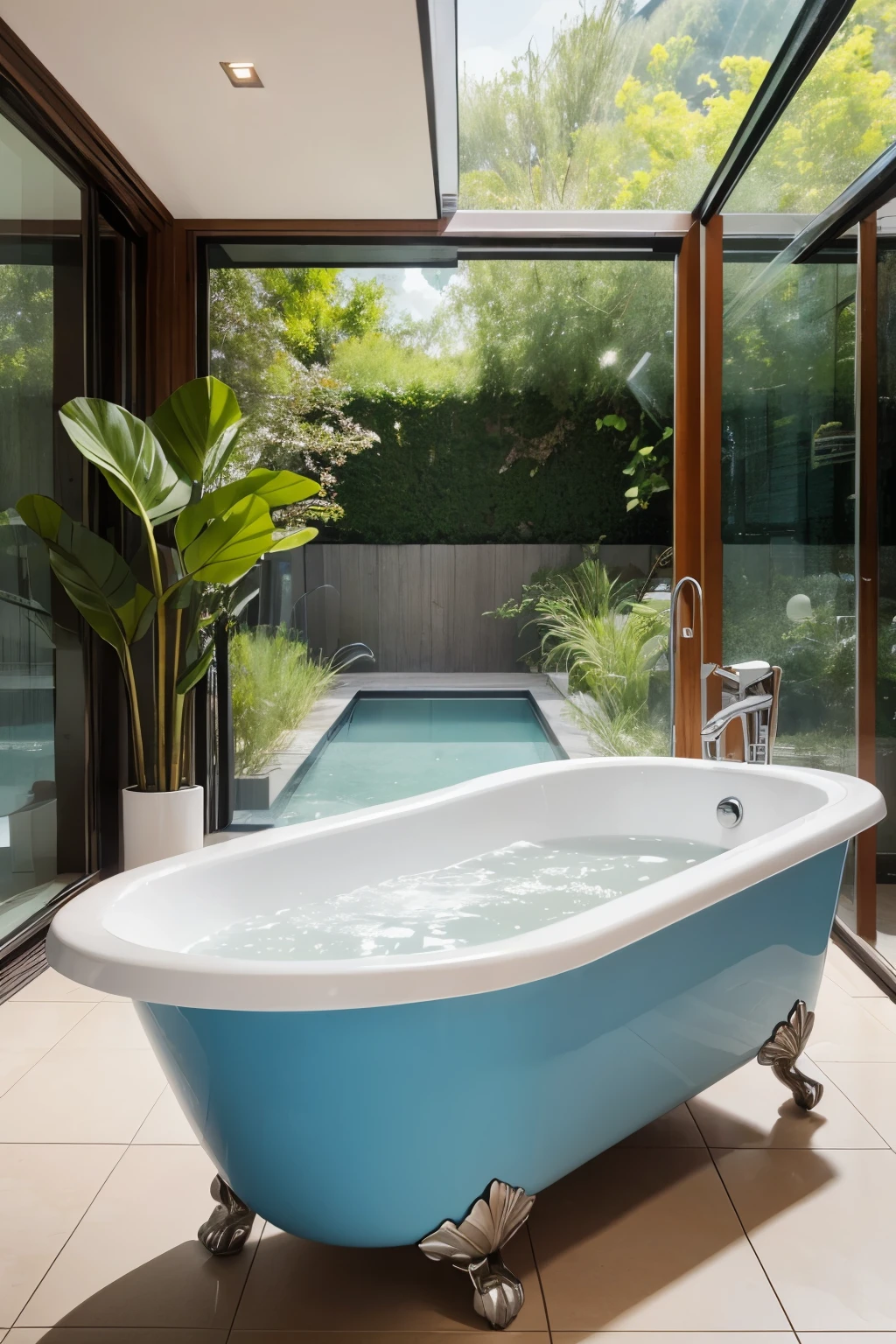 Beautiful modern bath, mother bathes her baby in a blue folding bathtub, a lot of plants around