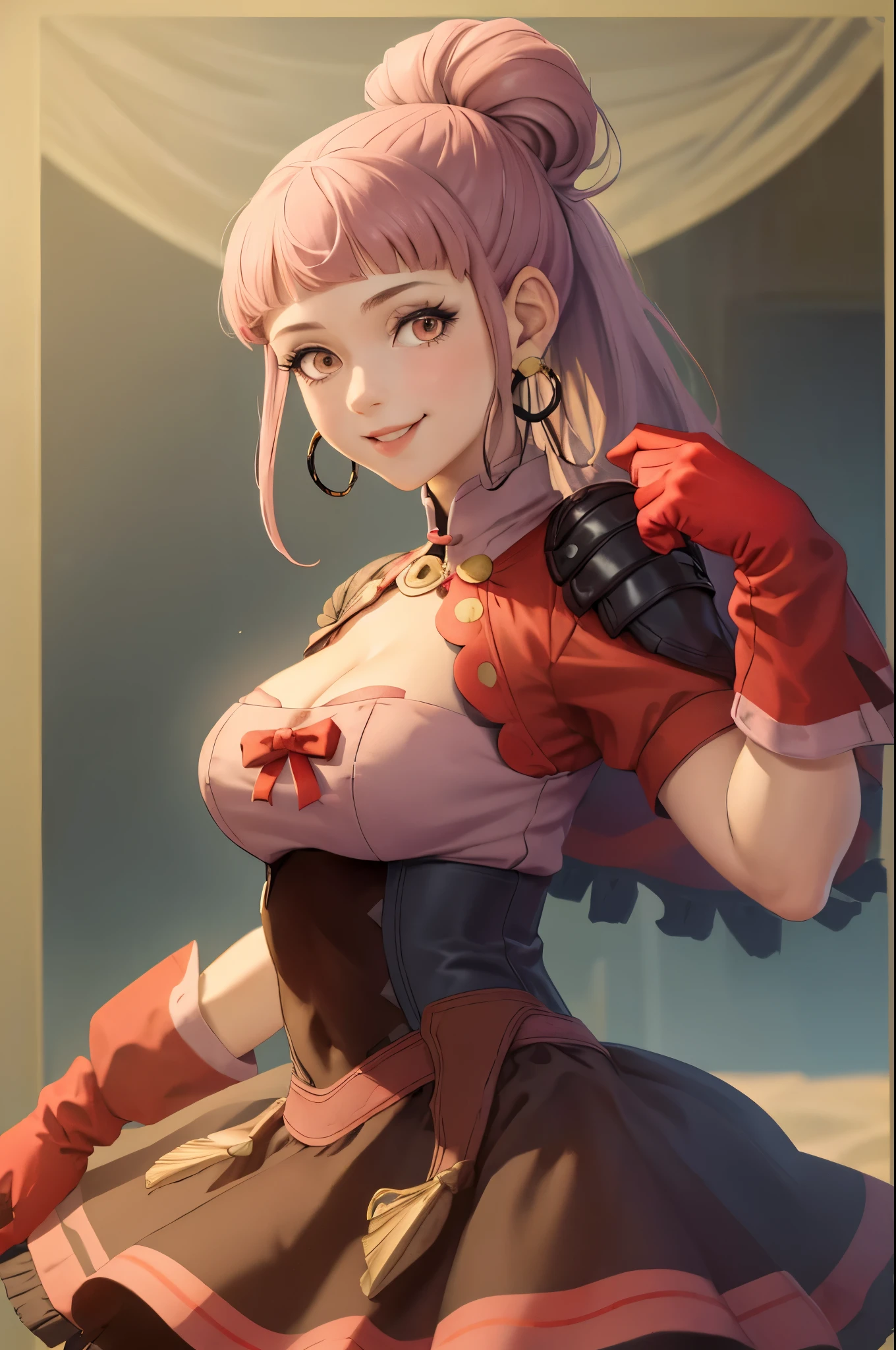 (masterpiece, best quality:1.2), solo, 1girl, hildahopes, smile, looking at viewer, hair bun, ponytail, dress, red gloves, hoop earrings, cleavage, (cowboy shot), (upper body)