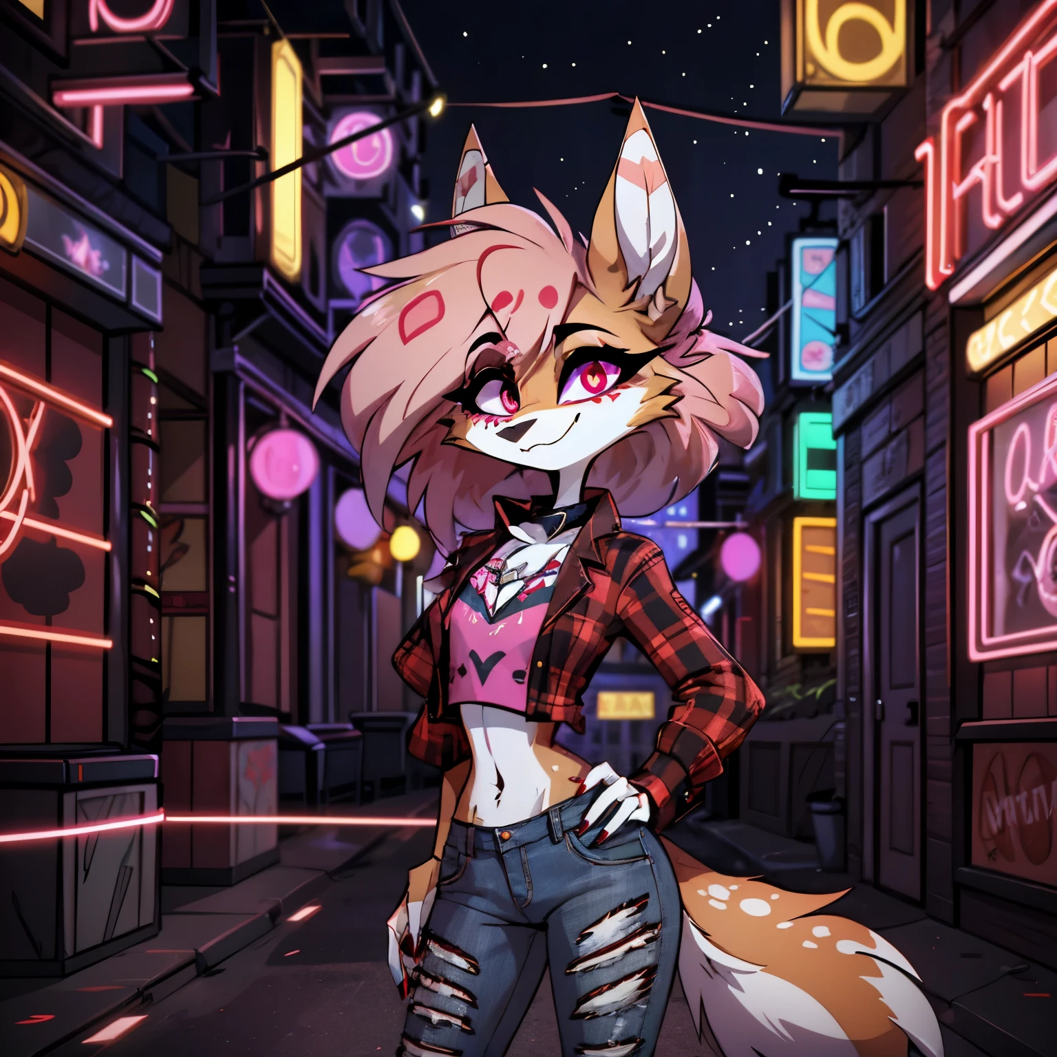 In the solitary realm of Hazbin Hotel, a feminine deer and wolf hybrid demon captivates with her unique presence. With a color pattern that blends earthy tones and vibrant hues, she combines the elegance of a deer with the fierce allure of a wolf. Embracing 90s fashion, she exudes a cool and edgy vibe, donning high-waisted jeans, a cropped top, and a plaid flannel shirt tied around her waist. Against the backdrop of urban cityscapes and neon lights, her confident stride and captivating appearance, adorned with her striking color pattern, make her the sole embodiment of nostalgic coolness in the vibrant world of Hazbin Hotel.