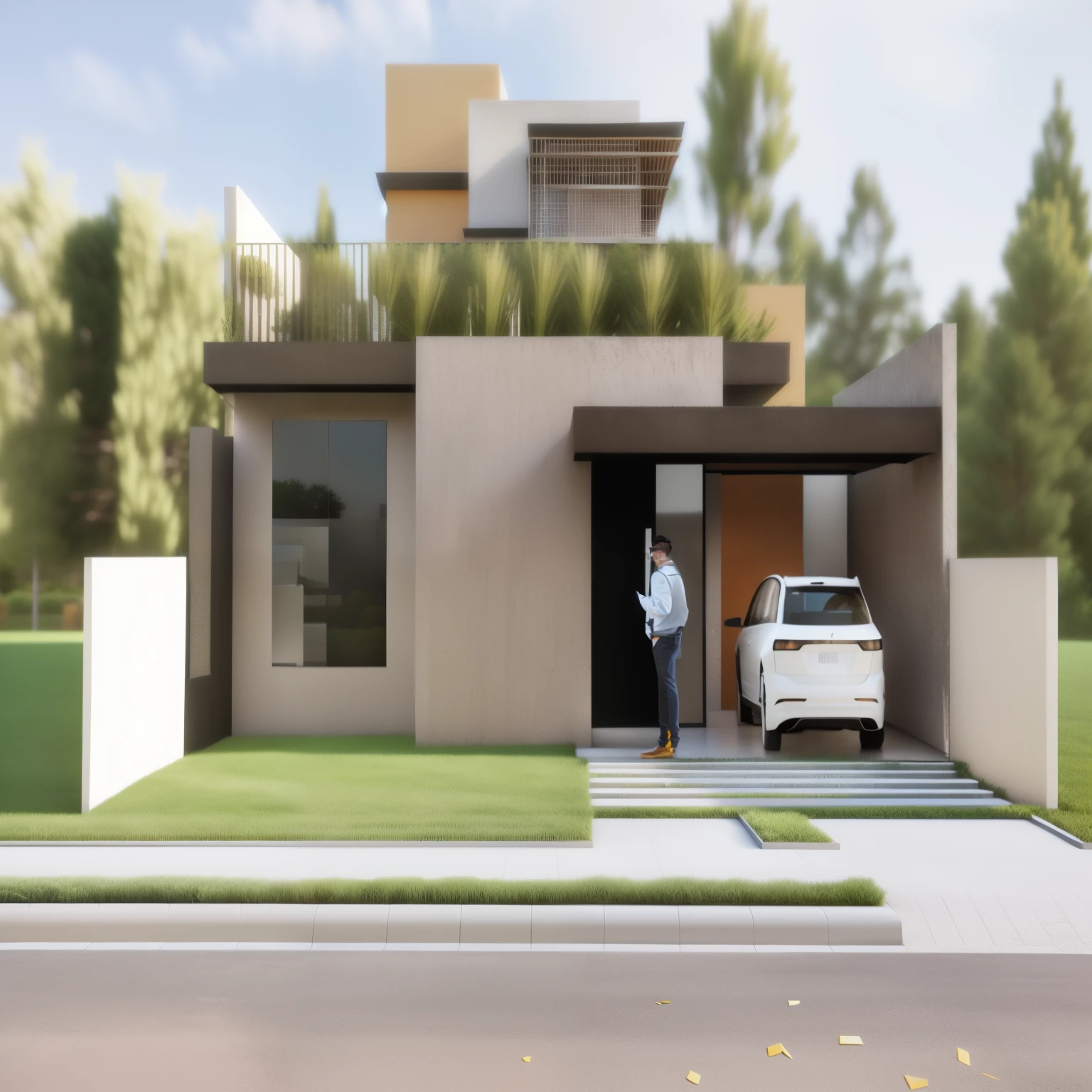 rendering of a modern house with a car parked in front, professional render, architectural render, casa conceito, photo rendering, high quality rendering, architecture rendering, architectural 3 d render, Realistic rendering, photographic rendering, photorendering, grande angular exterior 2022, award-winning rendering, in 3d rendering style, lumion rendering, a photoRealistic renderinging