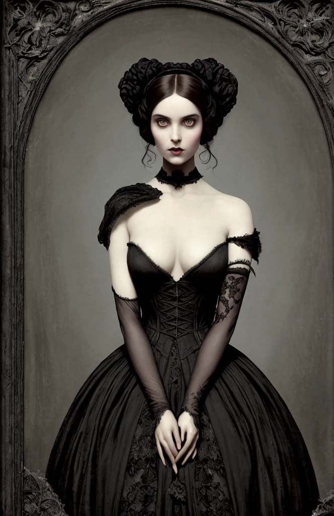 Une femme en robe noire en position debout, art gothique style, art gothique, An elegant gothic princess, early, style artistique Tom Bagshaw, Dreamy Gothic Girl, ; detailed 3d gothic, style de Tom Bagshaw, art fantastique gothique, Natalie Shau Tom Bagshaw, portrait de princesse gothique,