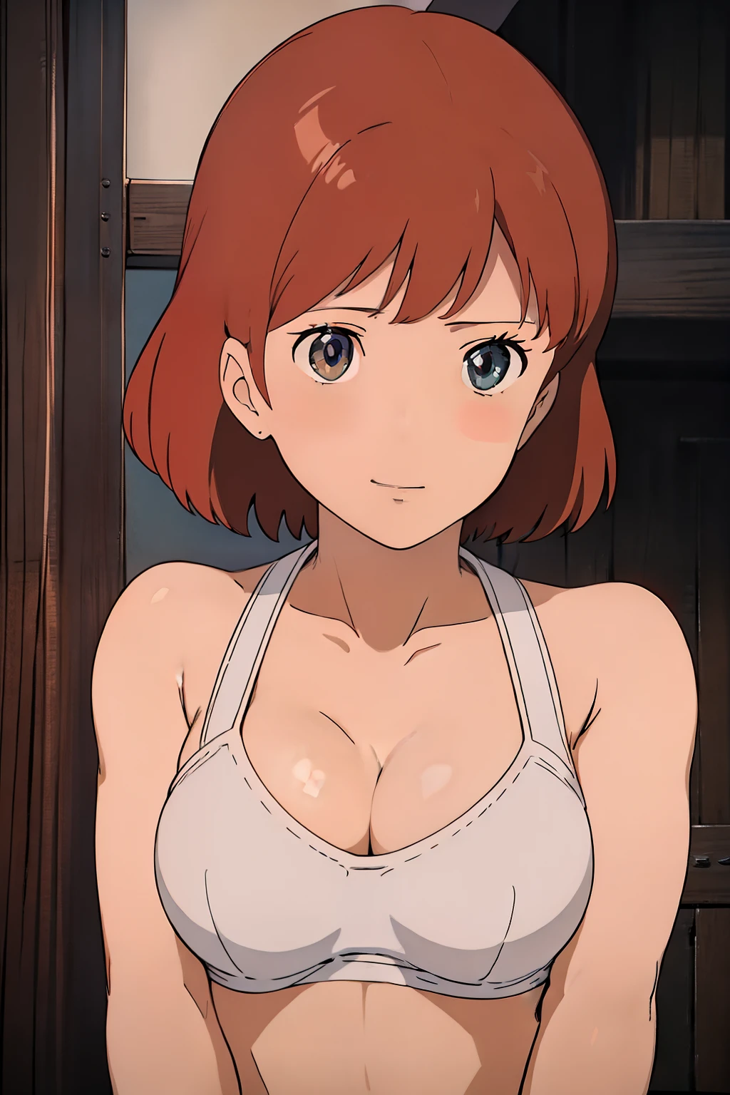 (masterpiece, best quality, high resolution, anime screencap, anime colored, 8k, photorealistic), Nausicaa, 1women, milf, wife, solo, brown hair, (looking at viewer), huge breasts, cleavage, (white bikini), upper body, forest, (perfect detailed anatomy, beautiful detailed face&eyes:1.5, shiny skin, perfect body)