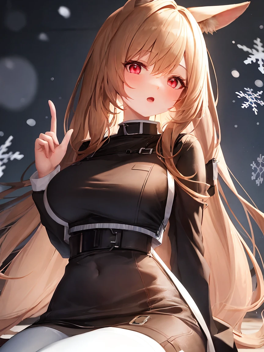 (best quality,highres,masterpiece:1.2), extremely detailed CG unity 8k wallpaper, ultra-detailed, 1 girl, harmonious finger proportions, wallpaper, dark background, falling snowflakes, hands behind back, (from above), (looking up), cute, animal_ears, long_hair, dog_ears, brown_hair, bangs, red_eyes, dog_girl, open_mouth, breasts, blush, hair_between_eyes, very_long_hair, white tights, 