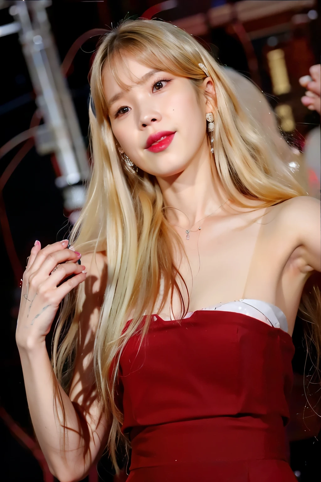 a close up of a woman in a red dress posing for a picture, lalisa manobal, lalisa manoban of blackpink, roseanne park of blackpink, beautiful south korean woman, with long blond hair, heonhwa choe, gorgeous young korean woman, long blonde hair and big eyes, portrait of jossi of blackpink, portrait of female korean idol , iu , iu lee ji-eun , iu face , lee ji-eun