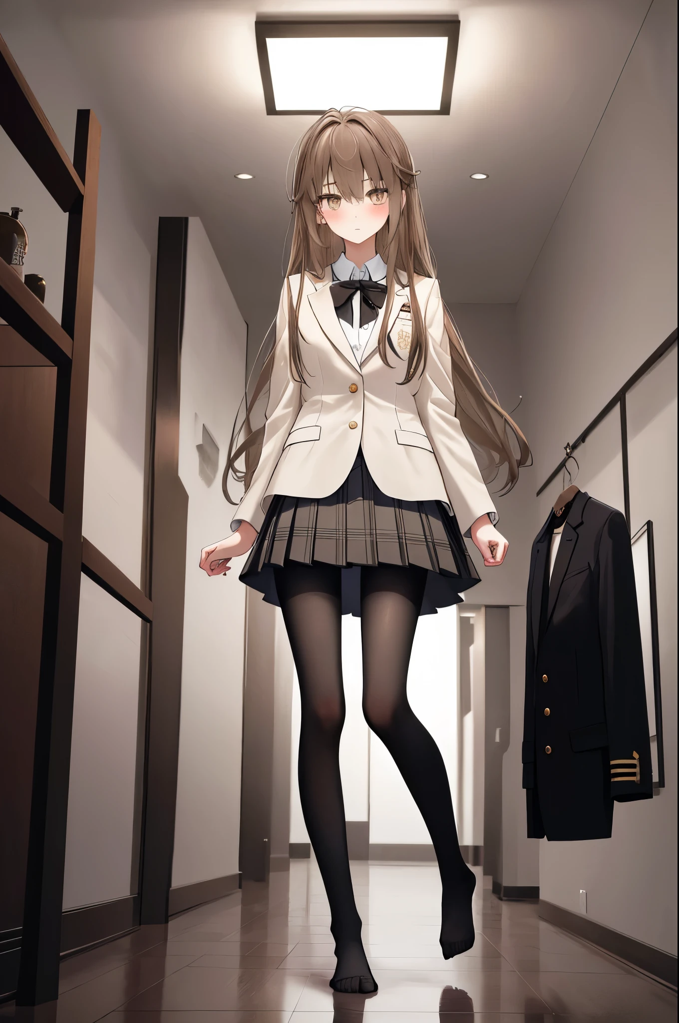 finest, masterpiece, High resolution, (Full body view from head to toe), front, frontやや下からの構図, Symmetrical, 18 year old tall girl, alone, (whole body from head to toe), (small breasts), messy brown hair, bangs, (black tights), (black pantyhose), Hanging from the ceiling with both hands tied、Slender legs, A very beautiful and tall 18 year old girl, (not wearing shoes), blush, shy big eyes, looking at camera, Blazer Uniform, Plaid pleated skirt