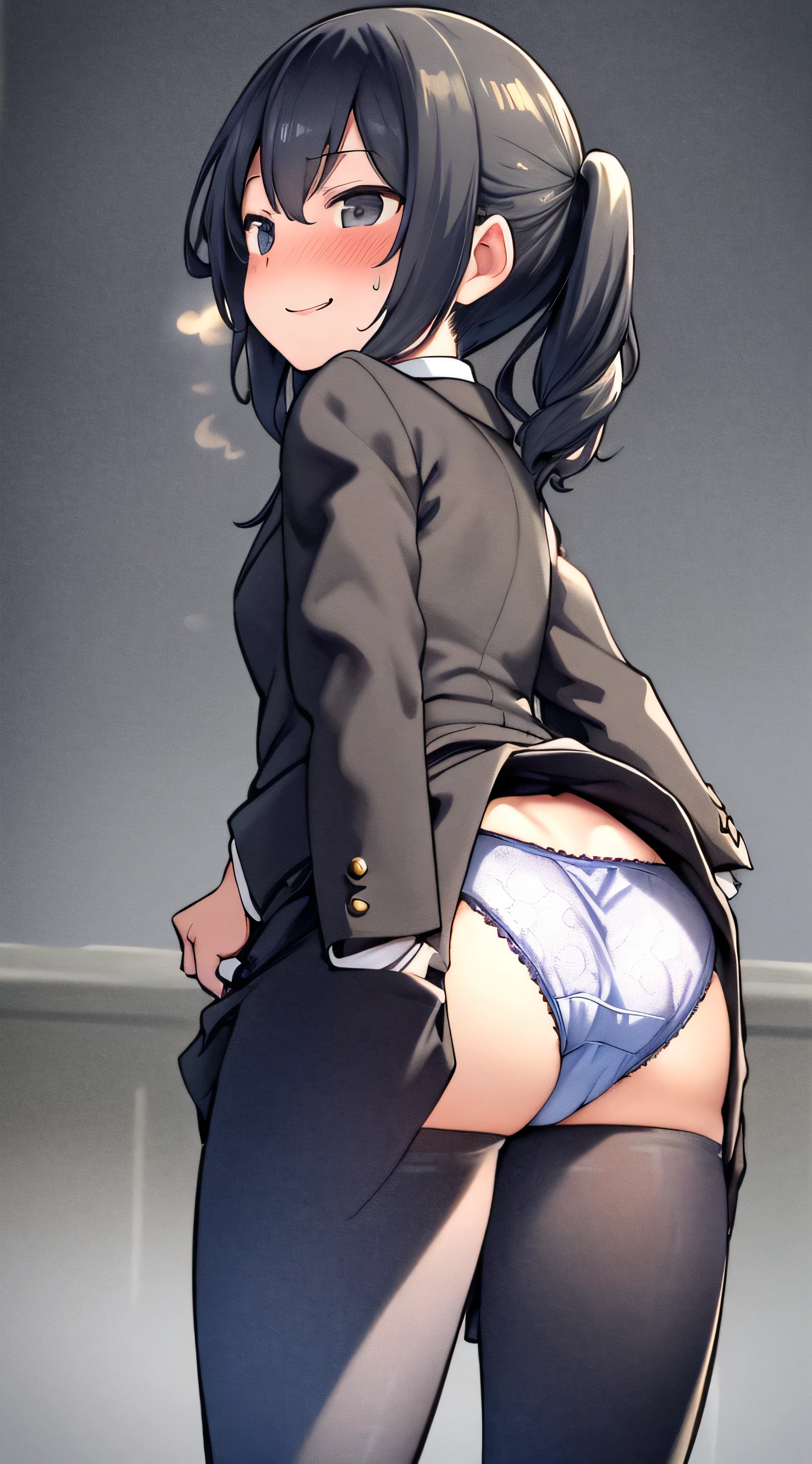 masterpiece、highest quality、Super detailed、High resolution illustrations、enhance the charm of your eyes、depicted in detail、perfect body structure、Now that she'I'm older, she'to a school teacher.、suit、thin、Rear view、small ass、lift up your skirt、show panties、Sober panties、panties suitable for older women、blush、embarrassing、shy smile、hot air、Sweat、Sigh、At the top of the stairs、Composition of a male student looking up from the bottom of the stairs、