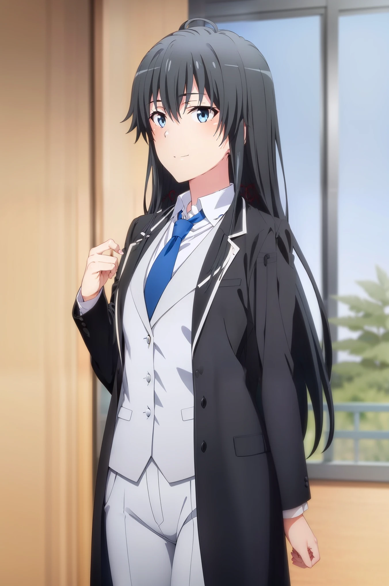 Yukinoshita Yukino ,Woman wearing formal clothes, An attractive coat stands in a large gap in the room , 1girl, bachelor, blue necktie, Black hair, Blue eyes, long hair, He smiles , Collared shirt, White pants, White shirt , Elegantly designed coat , Stand in front of a window ,Perfectly tailored tailcoat. It has a stunning Victorian design
