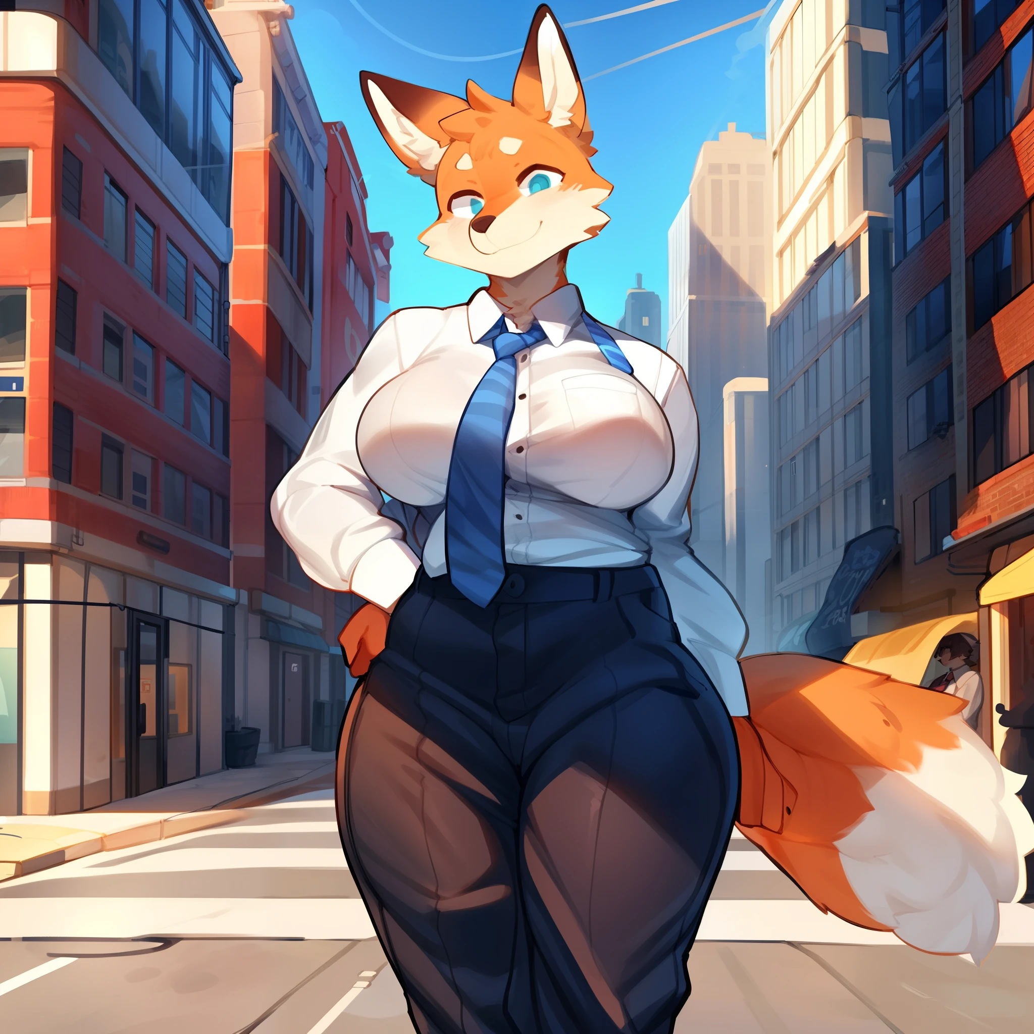 by bigcozyorca, by goonie-san, by bebebebebe, by spikedmauler, female, ultra high quality, extremely detailed, high resolution, 8k, 1080p, 1girl, solo, breasts, city street background, fox, female fox, work clothes, long sleeve button up, necktie, dress pants,