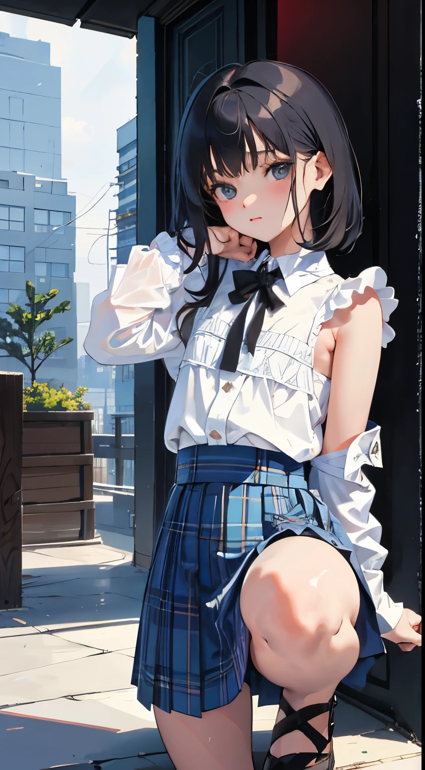 (short cute girl， young studeg delicate girl）,（masterpiece，Top quality)，squat，pastel plaid skirt，long black hair