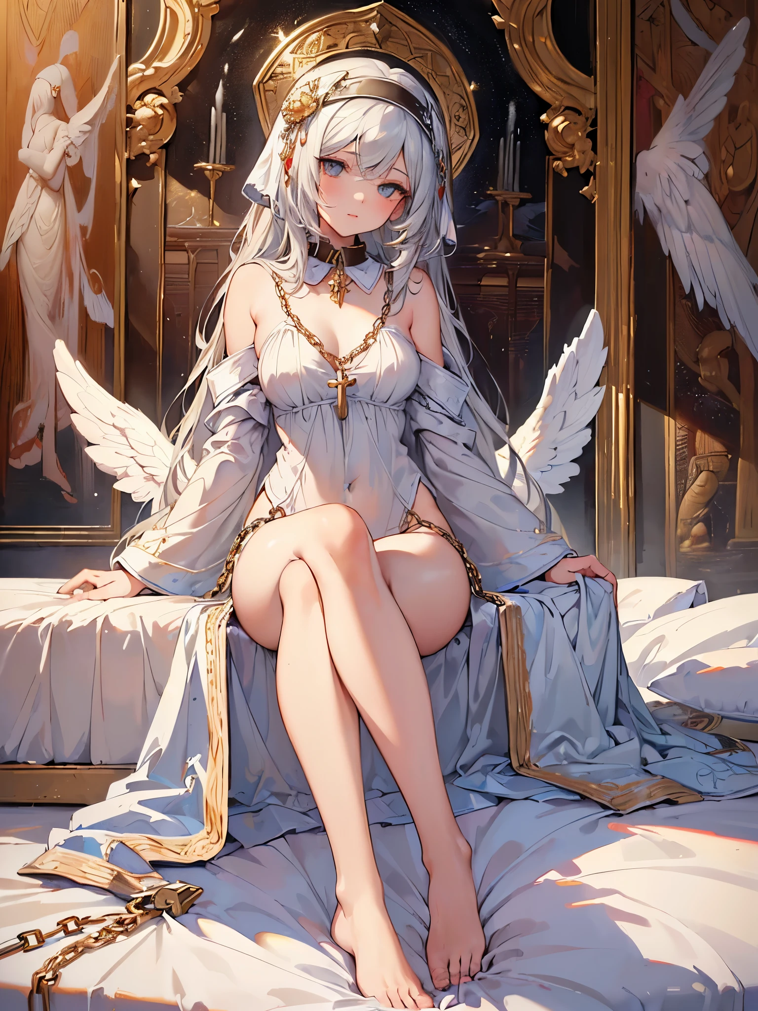 ((highest quality)),(ultra high resolution),(Super detailed),(detailed description),((best CG)),(best work of art),super precision art,great drawing art,(Fantasy art with precise details:1.5),(religious painting:1.8), (1 Female Angel:1.6),(beautiful and well-shaped face:1.5),small breasts:1.6,(collar with chain:1.4),(Lifeless eyes:1.3),folded wings:1.3, (bed in a dim room:1.6),Flickering flames:1.1