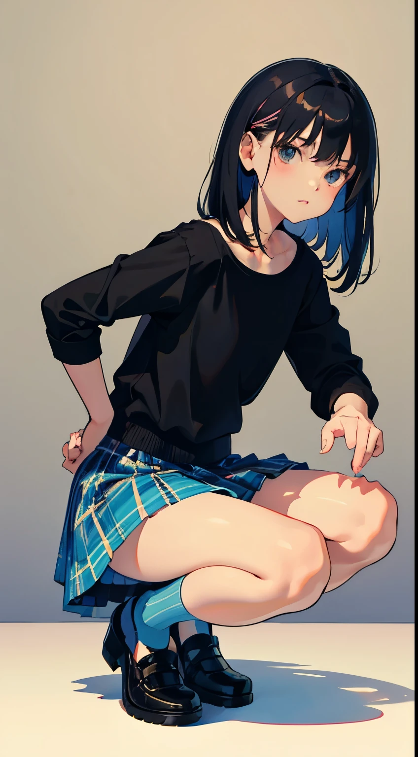 (short cute girl，small young student，young delicate girl）,（masterpiece，Top quality)，squat，pastel plaid skirt，long black hair