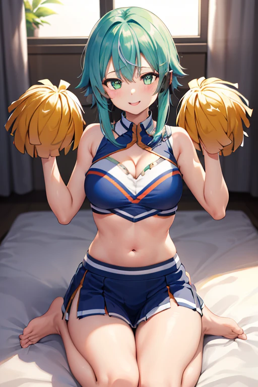 masterpiece, highest quality, High resolution, (1 Girl 1.5), sinon 1, (((Cheerleader))), barefoot, Curvaceous, small waist, Dazzling smile,(big breasts),K-cup,blue hair,lying on bed,nsfw,cleavage cutout,breasts blowjob