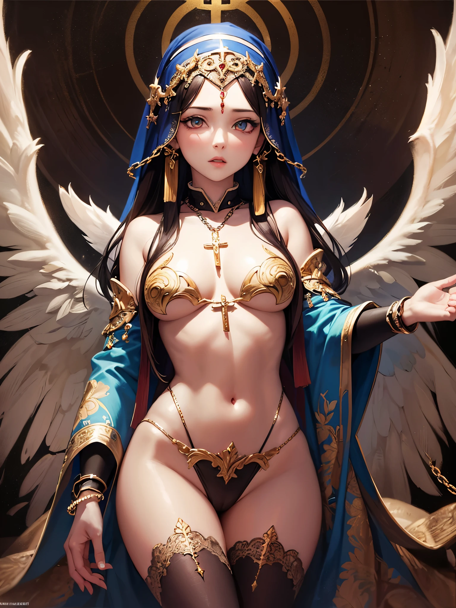 ((highest quality)),(ultra high resolution),(Super detailed),(detailed description),((best CG)),(best work of art),super precision art,great drawing art,(Fantasy art with precise details:1.5),(religious painting:1.8), (1 Female Angel:1.6),(beautiful and well-shaped face:1.5),small breasts:1.6,(collar with chain:1.4),(Lifeless eyes:1.3),folded wings:1.3, ((bed in dark room:1.8)),Flickering flames:1.1