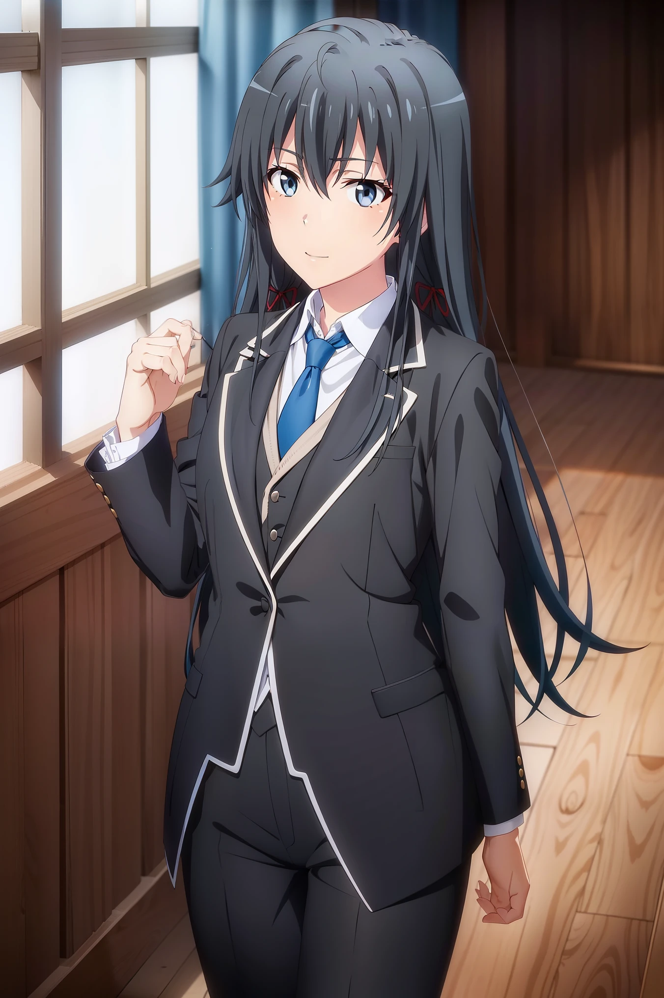 Yukinoshita Yukino ,Woman wearing formal clothes, An attractive coat stands in a large gap in the room , 1girl, bachelor, blue necktie, Black hair, Blue eyes, long hair, He smiles , Collared shirt, White pants, White shirt , Elegantly designed coat , Stand in front of a window ,Perfectly tailored tailcoat. It has a stunning Victorian design 