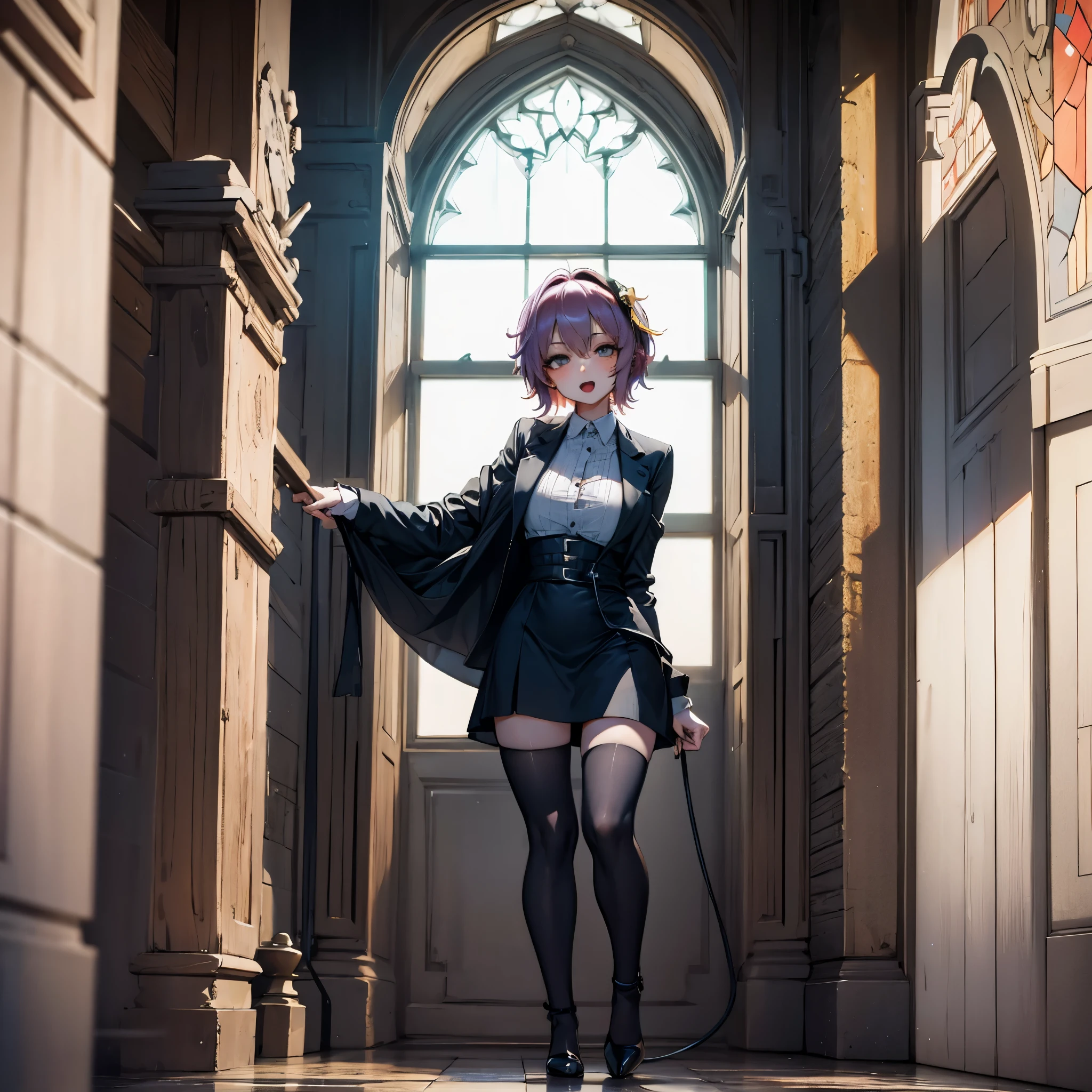 (Satori toho character:1.1), (solo), (standing), (stained glass), BREAK, short hair, large perky breasts, (inconceivably short torso), (inconceivably thin waist:1.2), (very long legs), BREAK, (tight black blazer:1.3), (black thighhighs:1.35), (very short black high-waist skirt:1.35) cinches waist too tight, (highheels), BREAK, nose blush, sad smile, open mouth, BREAK, masterpiece, ultra-detailed, ultra high resolution, full body