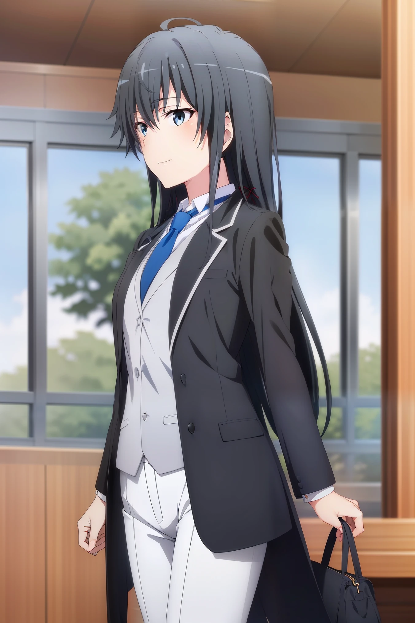 Yukinoshita Yukino ,Woman wearing formal clothes, An attractive coat stands in a large gap in the room , 1girl, bachelor, blue necktie, Black hair, Blue eyes, long hair, He smiles , Collared shirt, White pants, White shirt , Elegantly designed coat , Stand in front of a window ,Perfectly tailored tailcoat. It has a stunning Victorian design
