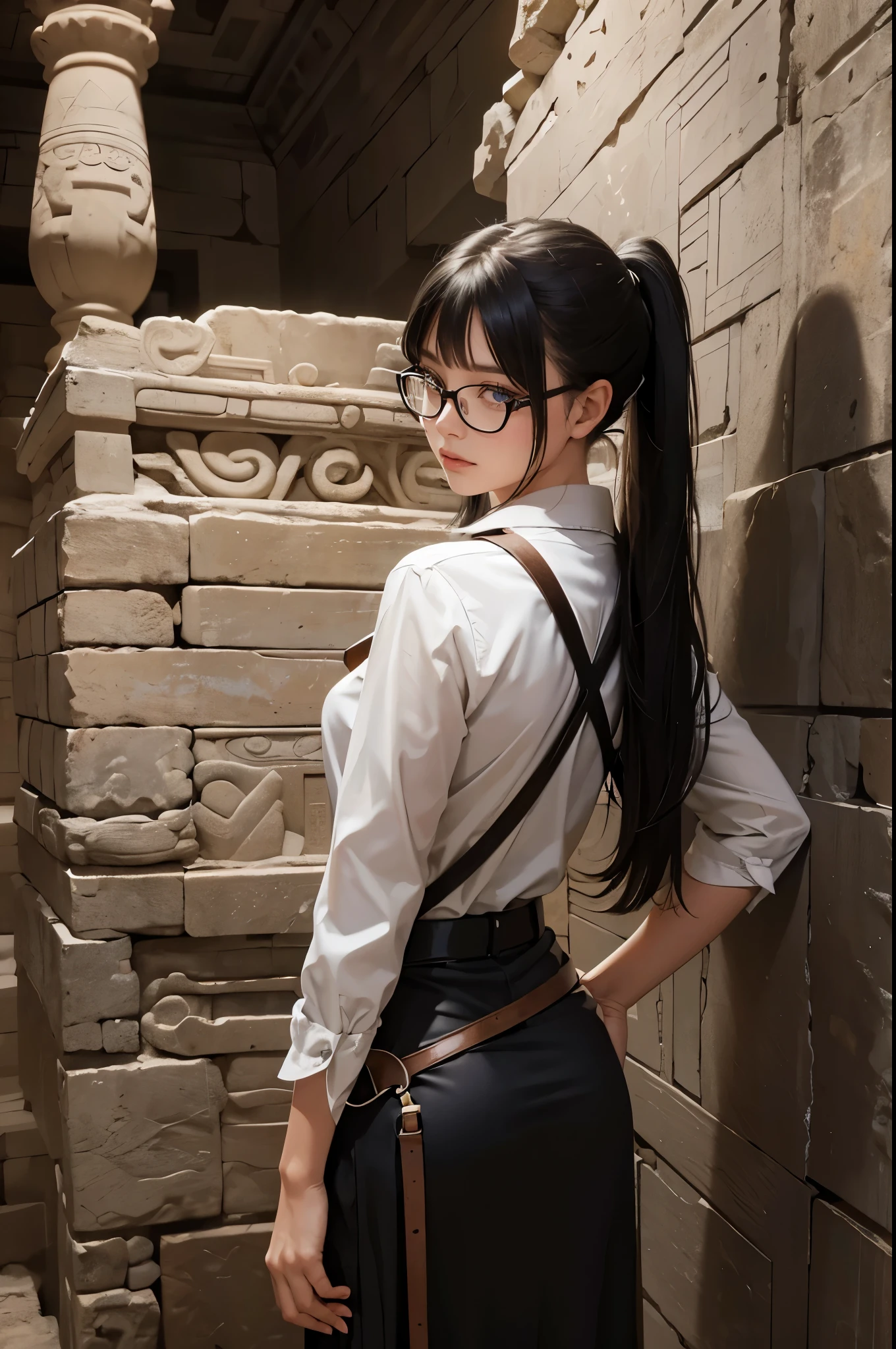 Wide shot, beautiful young explorer girl, long black hair in a ponytail, bangs, wearing glasses, wearing a Indiana Jones outfit, in an ancient mayan tomb