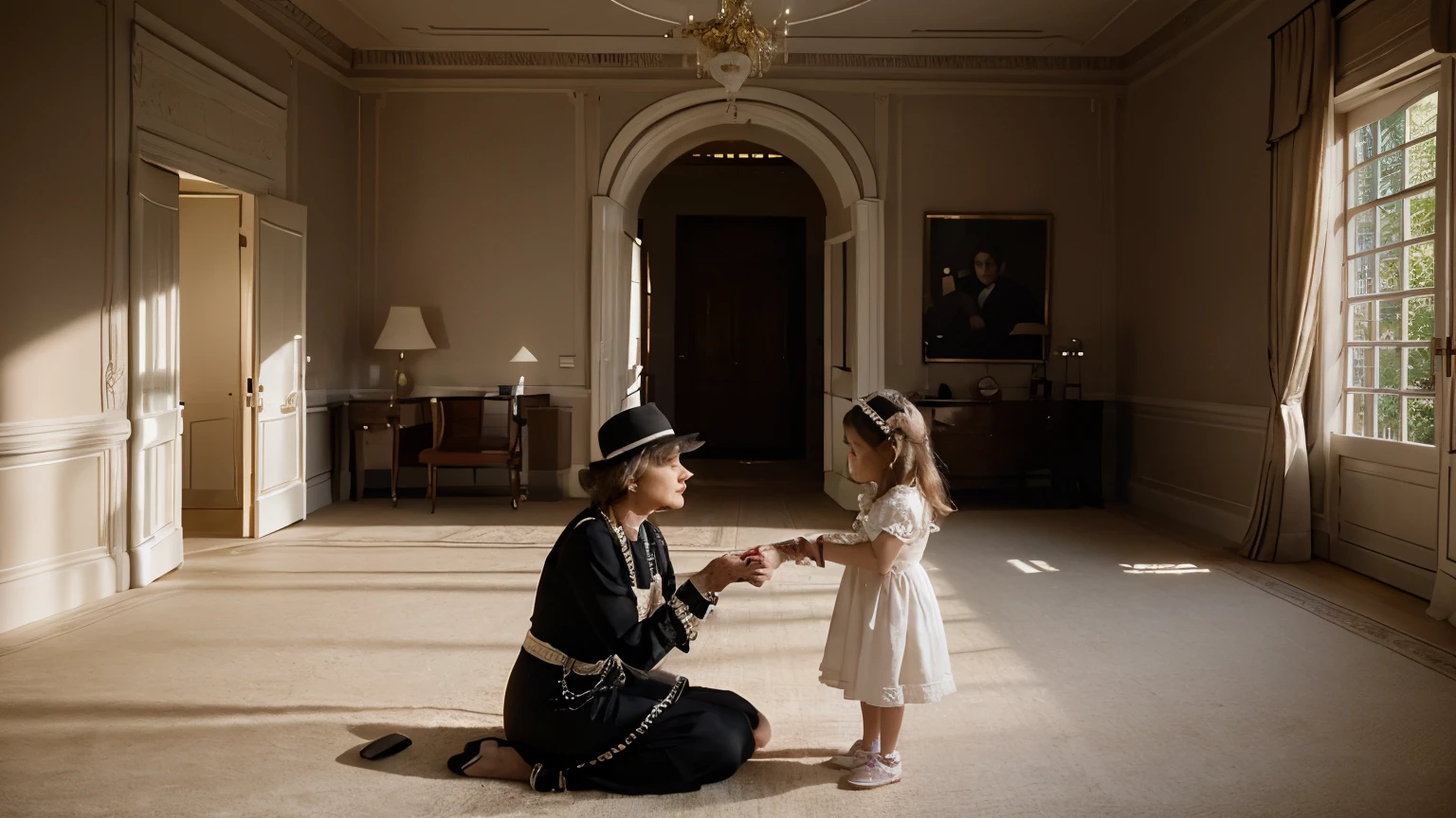a 60 year old Coco Chanel, Chanel's founder and fashion designer, is talking to a 8 year old girl, wide angle shot, bright sunny day, inside a mansion, cinematic, ultra realistic, highly detailed.