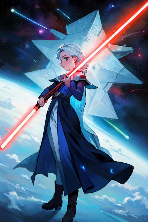 Disney princess from Frozen dressed in Sith clothes and holding a red Star Wars style lightsaber in her hands, with war spaceships in the background