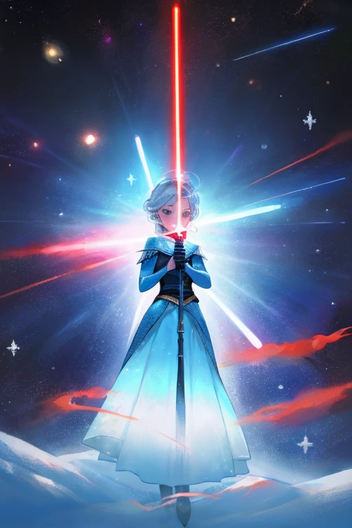 Disney princess from Frozen dressed in Sith clothes and holding a red Star Wars style lightsaber in her hands, with war spaceships in the background