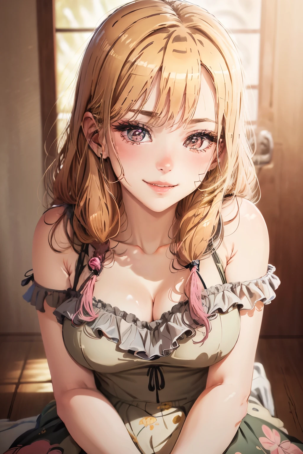 (best quality,4k,8k,highres,masterpiece:1.2),ultra-detailed,(realistic,photorealistic,photo-realistic:1.37),beautiful detailed eyes,beautiful detailed lips,extremely detailed eyes and face,longeyelashes,1girl,illustration,floral dress,smiling face,natural sunlight,soft and warm colors,pastel palette,ethereal atmosphere