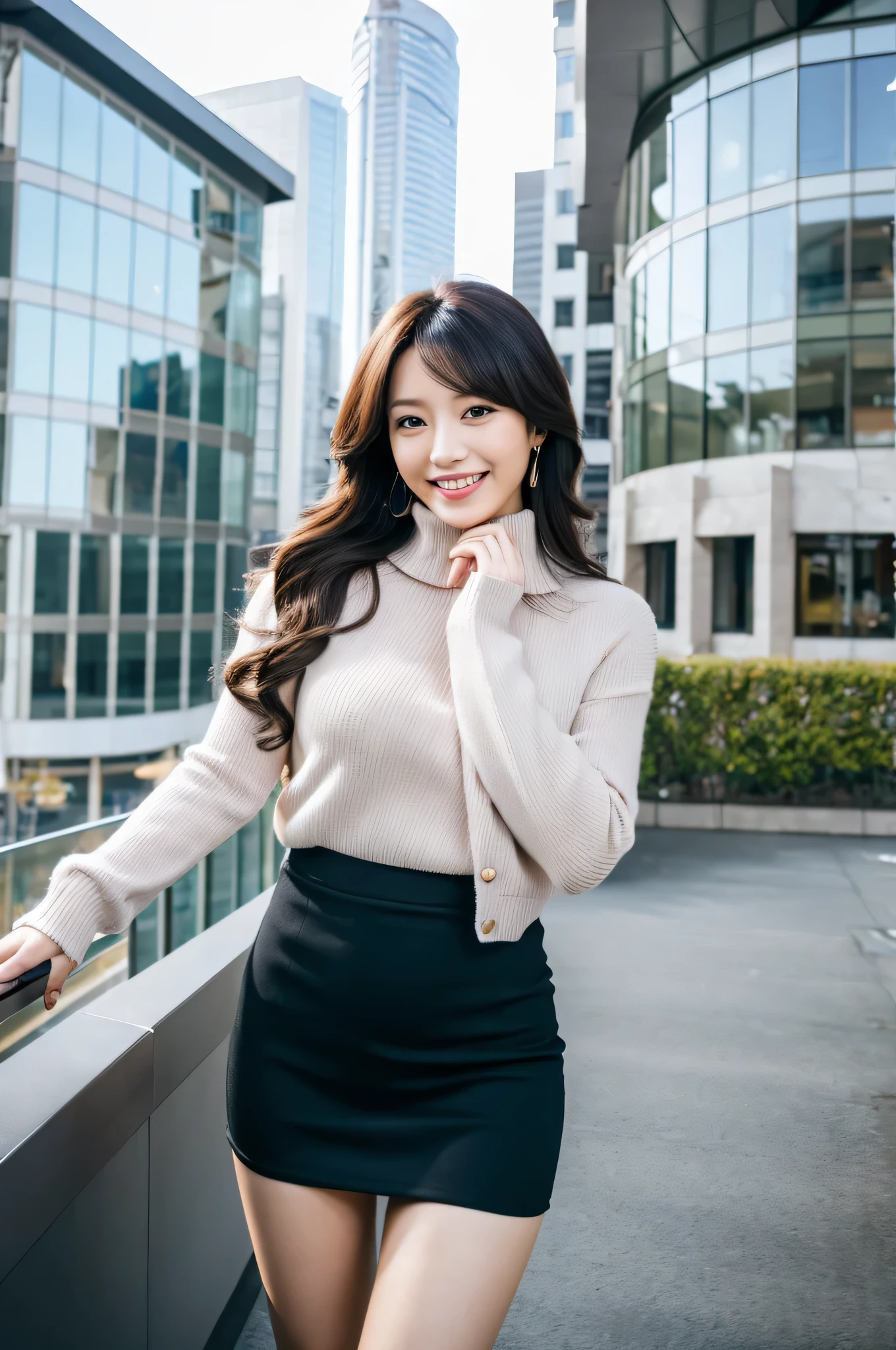 highest resolution, 4K, masterpiece: 1.3), japanese mature, photo of a woman, sexy, fine eyes, slender body shape, realistic teeth, double eyelid, whole body, highest quality, be familiar with, near office building, beautiful feet, wide angle, winter fashion