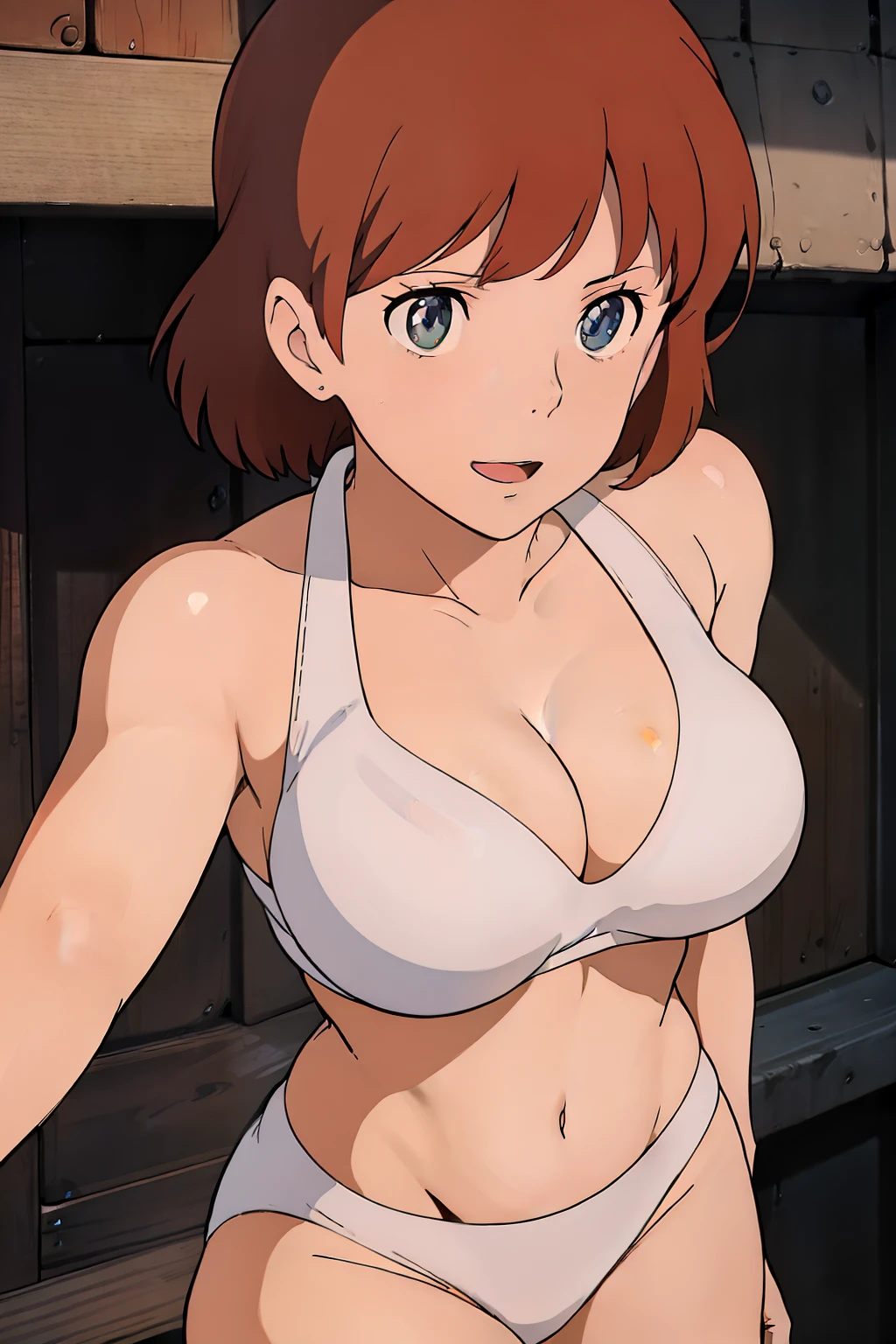 (masterpiece, best quality, high resolution, anime screencap, anime colored, 8k, photorealistic), Nausicaa, 1women, milf, wife, solo, brown hair, (looking at viewer), huge breasts, cleavage, (white bikini:1.5), cowboy shot, (lake, wet), (perfect detailed anatomy, beautiful detailed face&eyes:1.5, shiny skin, perfect body)