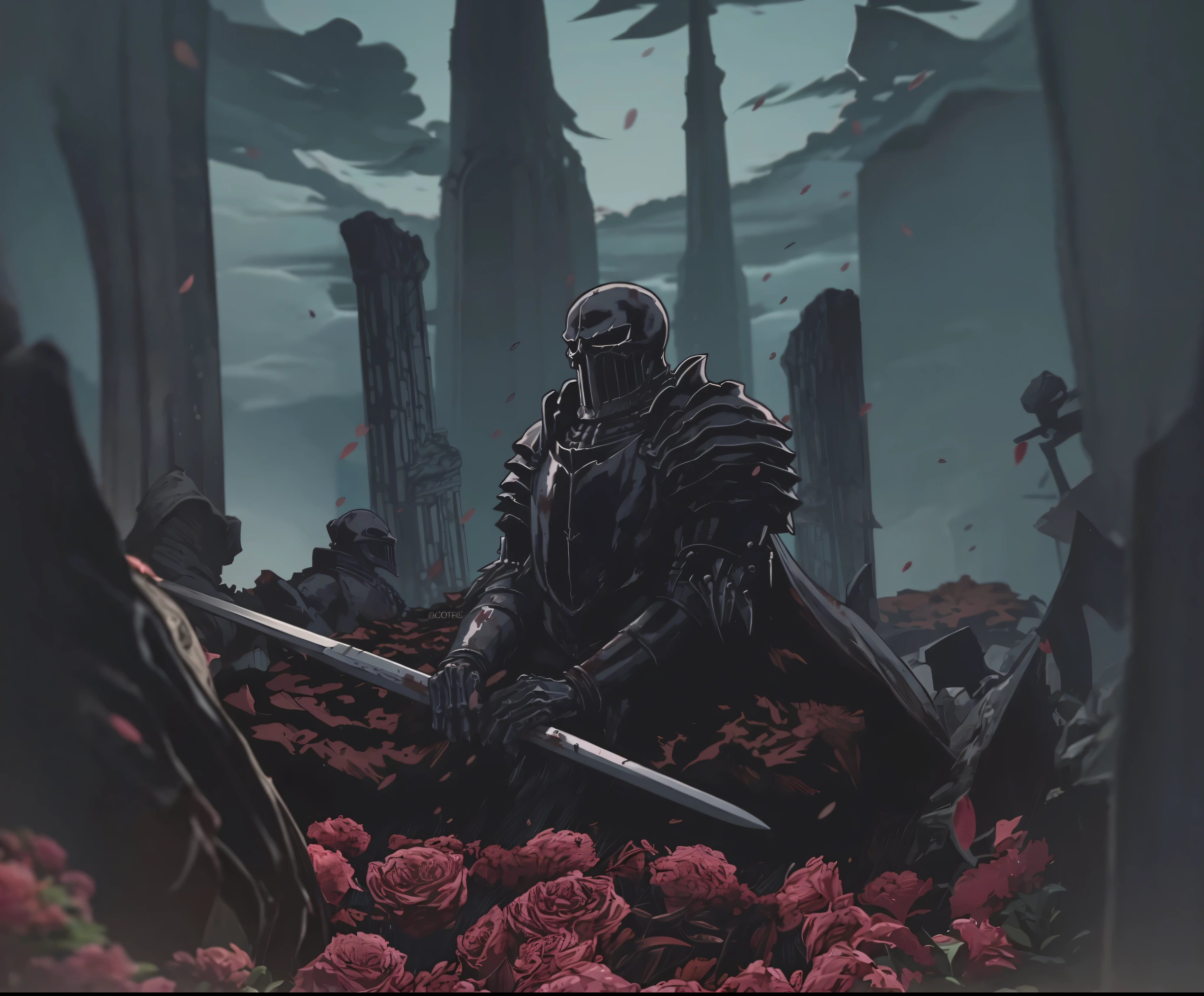 um close de uma pessoa com uma espada em um campo de rosas, Arte de Dark Souls style, armadura negra de cavaleiro caveira berserk, no estilo de dark souls 3, fallen knight, cavaleiro do mal, Arte de Dark Souls, Estilo Dark Souls, wretched and corrupted knights, Almas Sombrias Inspiradas, the cavaleiro das almas negras, cavaleiro das almas negras, Cavaleiro Morto-Vivo, conceito de alma escura, Continue scenario, fielmente, mesmo estilo de arte