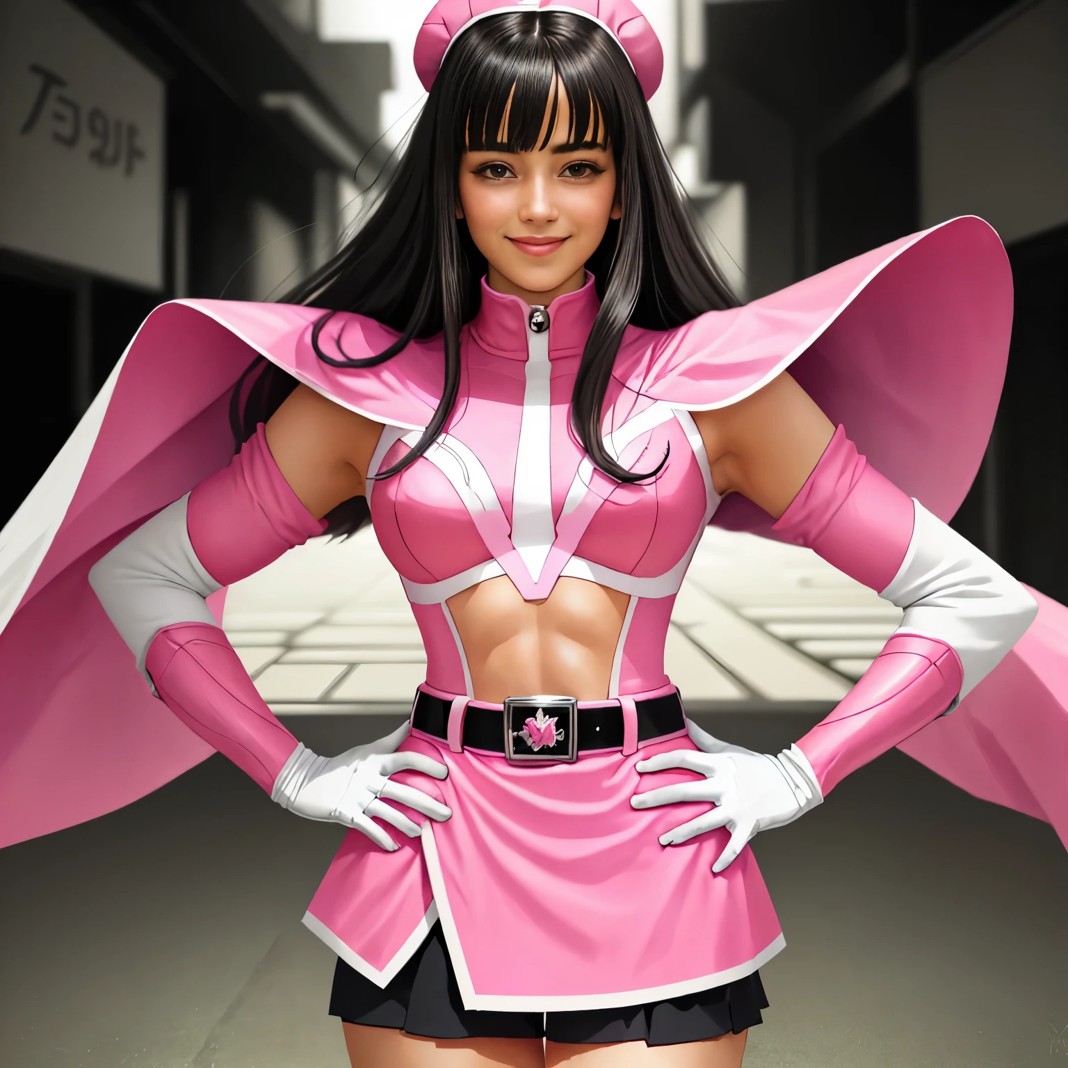 1 cute girl, (long dark hair with cute fringe),(PinkRanger), (solo) (tight magenta bodysuit), (mini skirt), pink leggings, white belt, white gloves with pink diamond design, (white boots with pink diamond design), (18yo), (small breasts), smiling at the viewer,( sunny tokyo background:1.2), vibrant colors