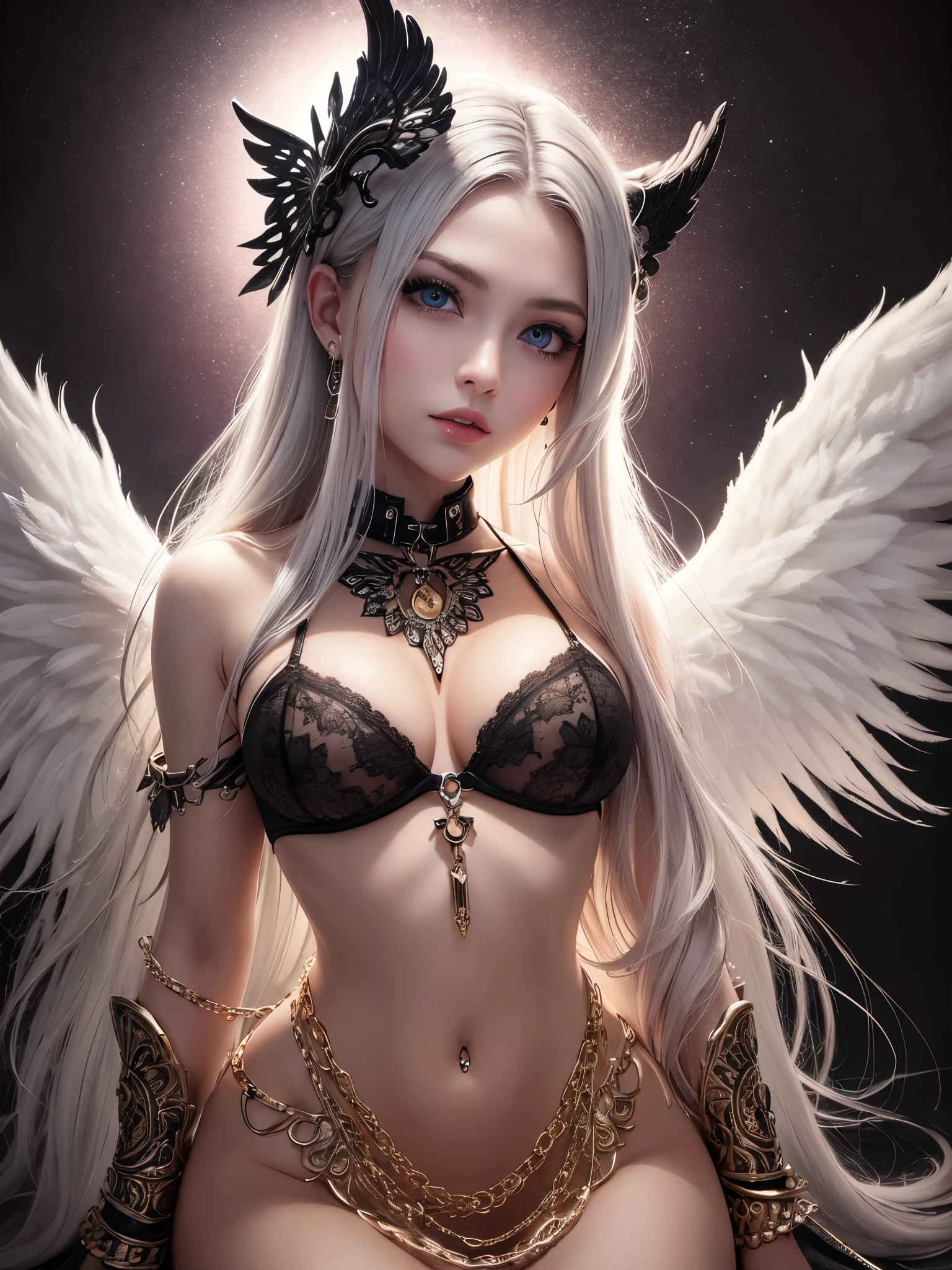 ((highest quality)),(ultra high resolution),(Super detailed),(detailed description),((best CG)),(best work of art),super precision art,great drawing art,(Fantasy art with precise details:1.5), (1 Female Angel:1.6),(beautiful and well-shaped face:1.5),small breasts:1.6,(collar with chain:1.4),(Lifeless eyes:1.3),folded wings:1.3, ((bed in dark room:1.8)),Flickering flames:1.1