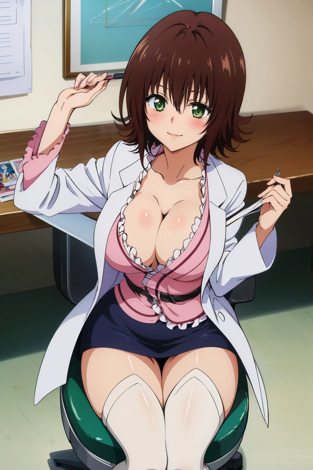 anime screencap, masterpiece, best quality, high resolution, 2D, anime cels, best quality, high resolution, 1woman, mikado ryouko, labcoat, skirt, thighhighs, (large breasts:1.2), blush, smile, cleavage, looking at veiwer, from above, chair, sitting, wiedow