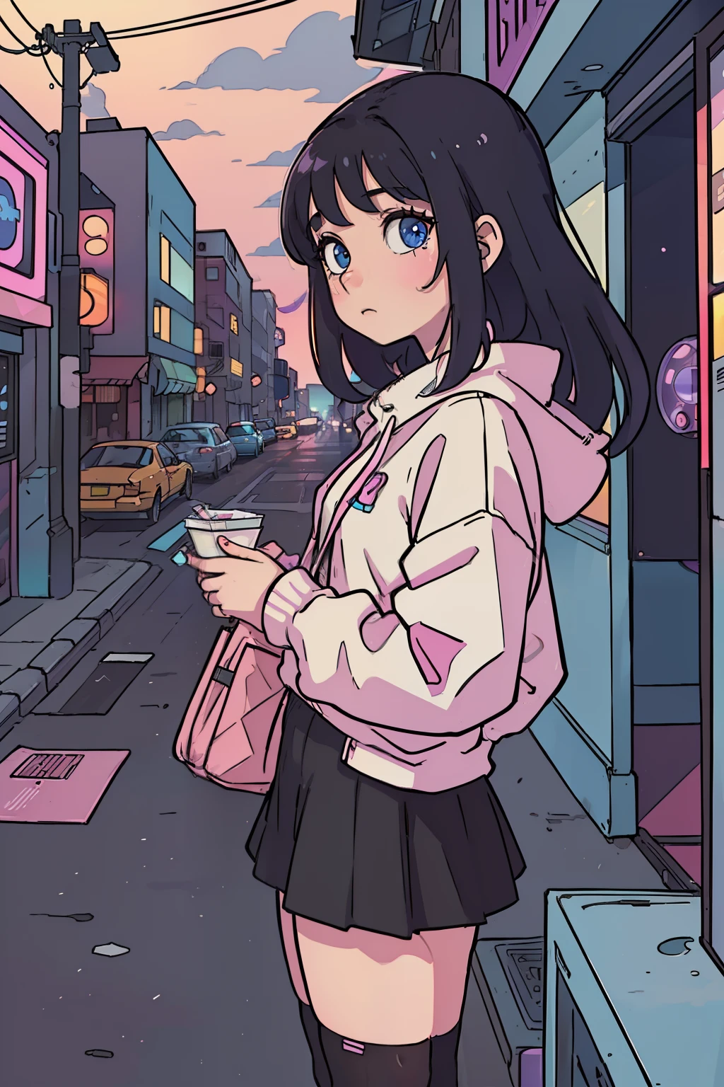 (​masterpiece), (The best illustrations), Winds of the 90s,Retro、Colorful cyberpunk city background、Street, teenage girl in comfortable sweater, , Black stockings、Smoking ????????、Inner color pink,Emo,Night view from the veranda,𝓡𝓸𝓶𝓪𝓷𝓽𝓲𝓬, Desktop PC, Ring lighting,(​masterpiece), (top-quality), (Vaporwave Style), (ultra-detailliert), (The best illustrations), (Best Shadows),Perfect litthing, vivd colour,Fashionable