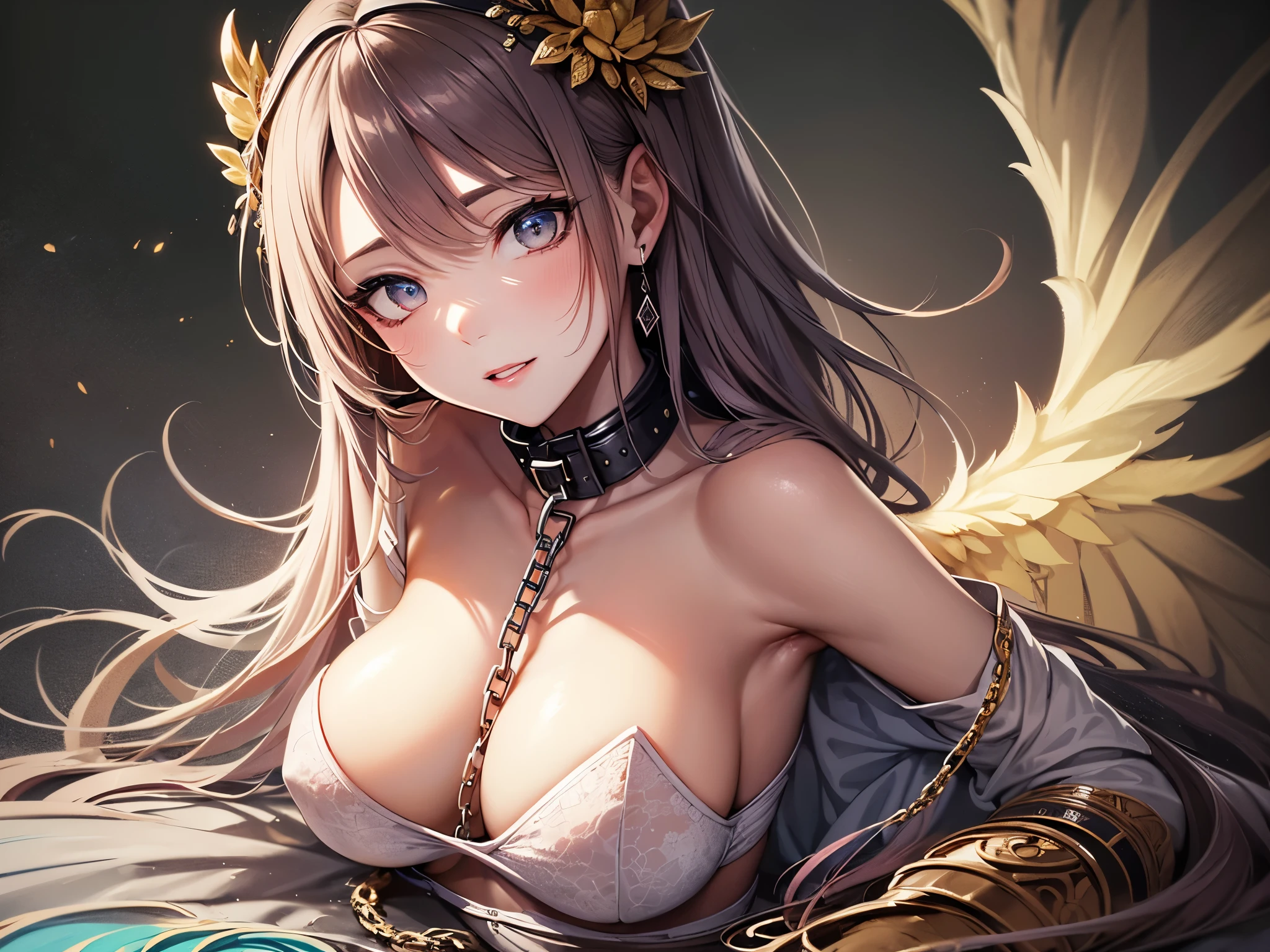 ((highest quality)),(ultra high resolution),(Super detailed),(detailed description),((best CG)),(best work of art),super precision art,great drawing art,(Fantasy art with precise details:1.5), (1 Female Angel:1.6),(beautiful and well-shaped face:1.5),small breasts:1.6,(collar with chain:1.4),(Lifeless eyes:1.3),folded wings:1.3, ((bed in dark room:1.8)),Flickering flames:1.1