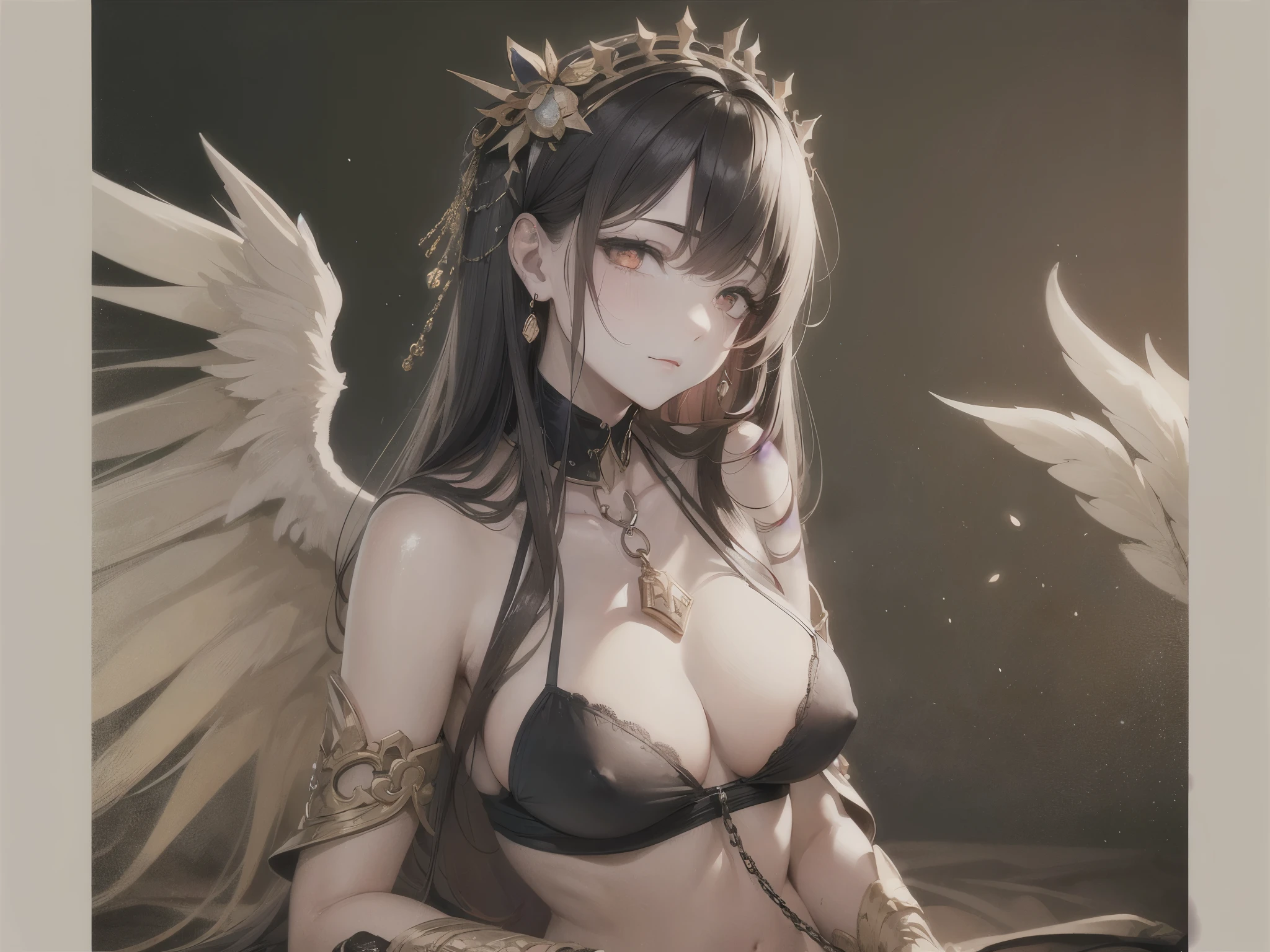 ((highest quality)),(ultra high resolution),(Super detailed),(detailed description),((best CG)),(best work of art),super precision art,great drawing art,(Fantasy art with precise details:1.5), (1 Female Angel:1.6),(beautiful and well-shaped face:1.5),small breasts:1.6,(collar with chain:1.4),(Lifeless eyes:1.3),folded wings:1.3, ((bed in dark room:1.8)),Flickering flames:1.1