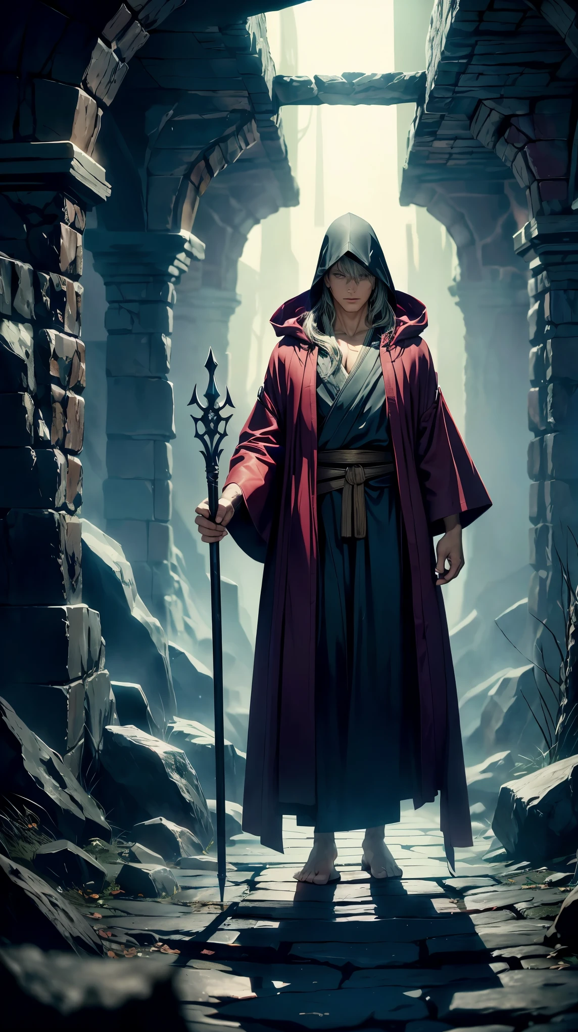 (8K, RAW photo, 最high quality, masterpiece:1.2), High-definition RAW color photo, Professional photo shoot, cinematic light, RPG design, dark fantasy graphics, Humanoid monsters, low level wizard, ((full body shot)), (((Man in a robe))), shabby cheap robe and cane, I can&#39;t see your face because it&#39;s hidden by the hood, Brandish a magic wand, level 1 mage, fantasy art, ((Underground dungeon background, Stone dungeons)), dim lighting, film grain, background bokeh, high quality, surreal, ((very detailed, photo shoot)),